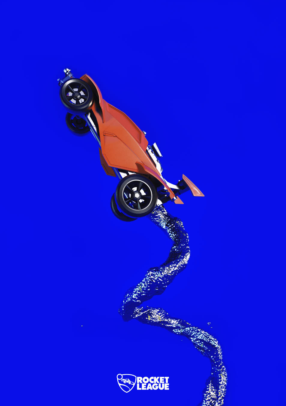 Rocket League iPhone 桌布 壁紙 — 一輛充滿活力的橙色汽車在純藍色背景前於空中翻轉，留下一條閃閃發光的運動軌跡。