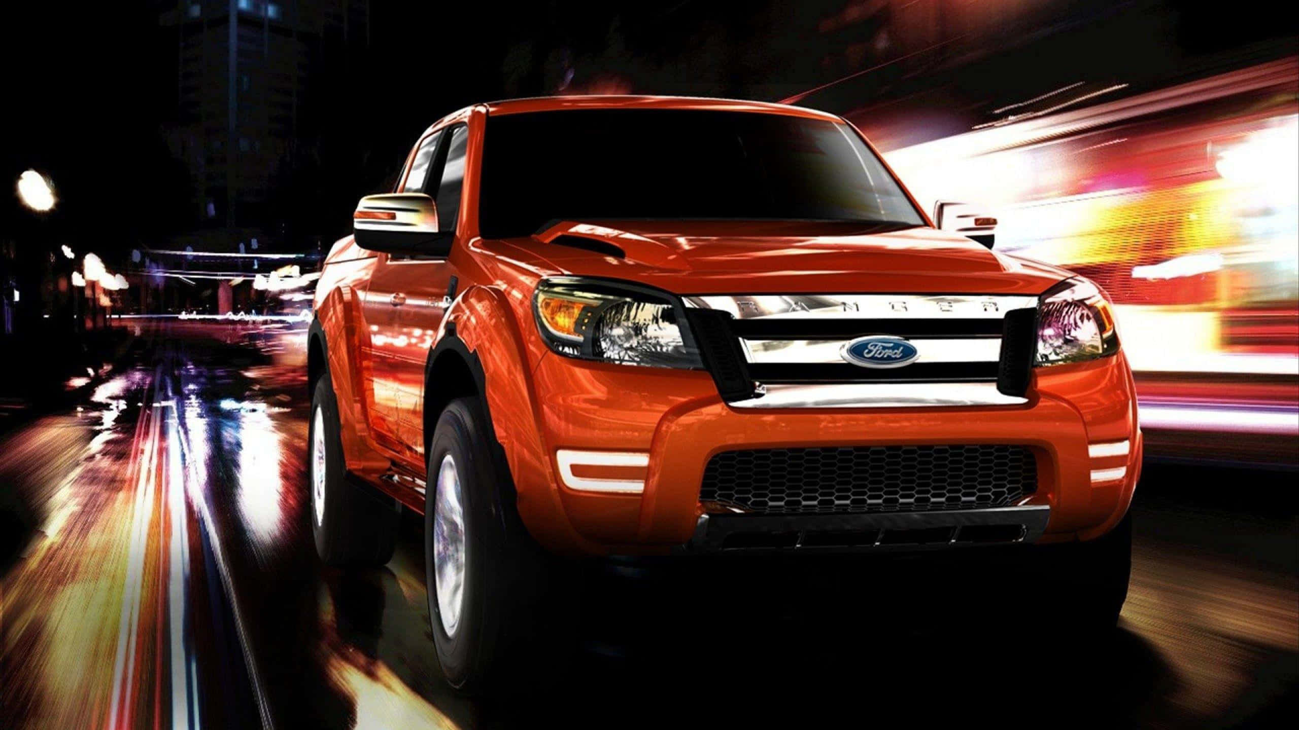 Ford Ranger 桌布 壁紙 — 一輛充滿活力的橙色福特皮卡在夜間穿過霓虹燈照亮的城市街道，帶有動態模糊痕跡。