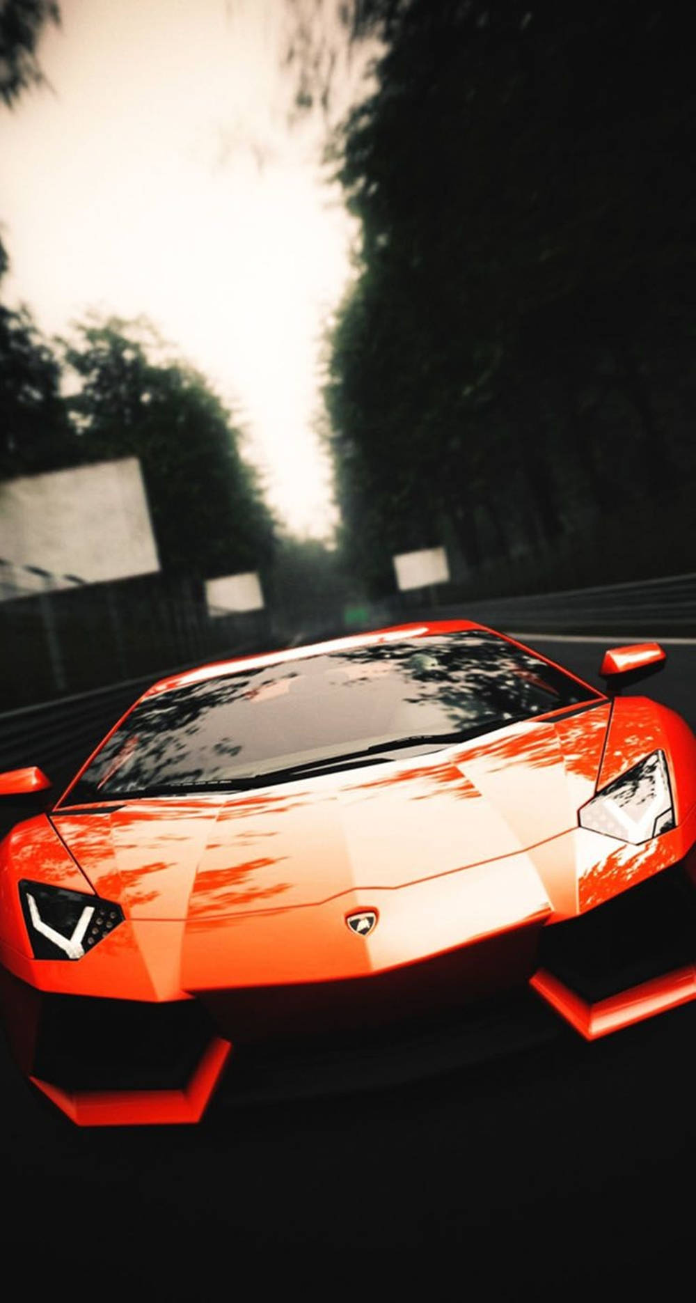 Cool Car 桌布 壁紙 — 一輛充滿活力的橙色藍寶堅尼Aventador在樹木林立的道路上奔馳，帶有動態模糊和戲劇性燈光效果。
