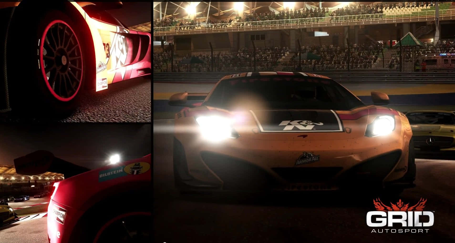 1080p Grid Autosport 桌布 壁紙 — 一輛充滿活力的橙色賽車，車頭燈閃爍，在體育場燈光下和歡呼的人群中主宰夜間賽道。