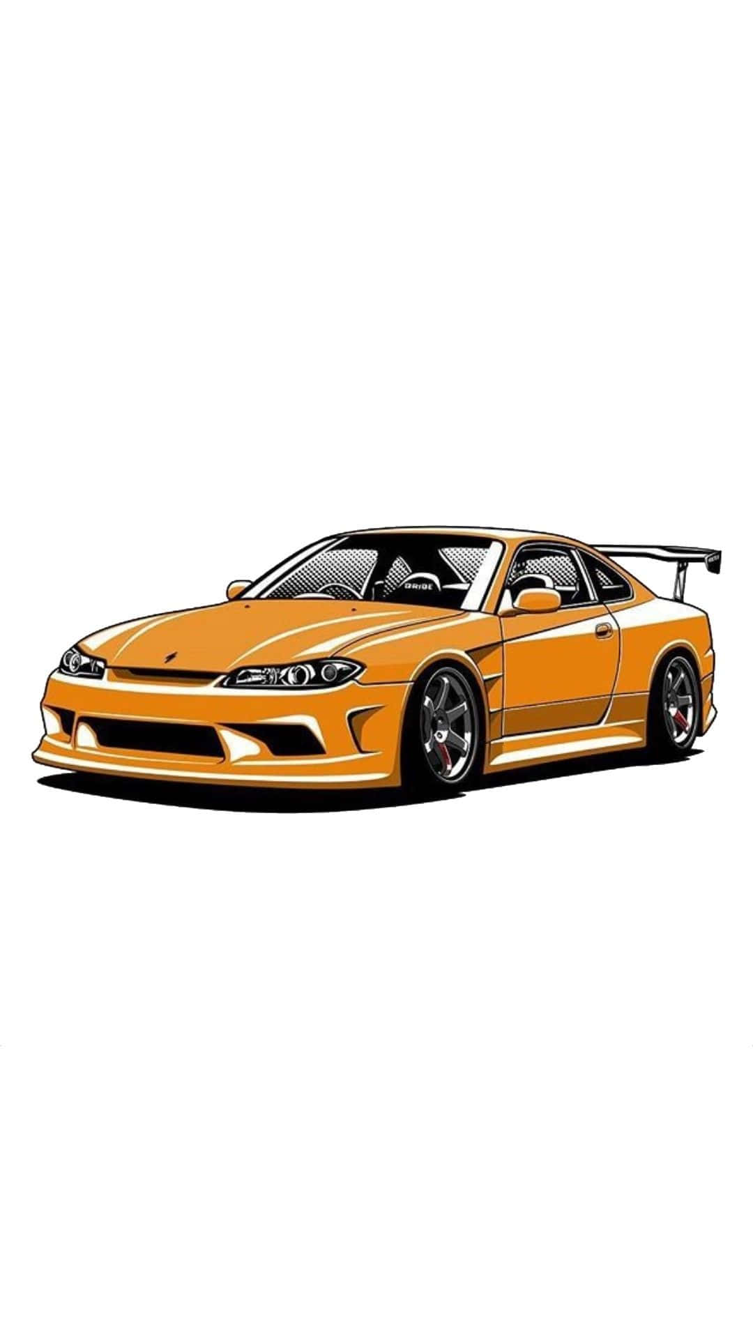 Jdm Art 桌布 壁紙 — 一輛充滿活力的橙色跑車，配有後擾流板和定制輪轂，以乾淨的數位藝術風格繪製在白色背景上。