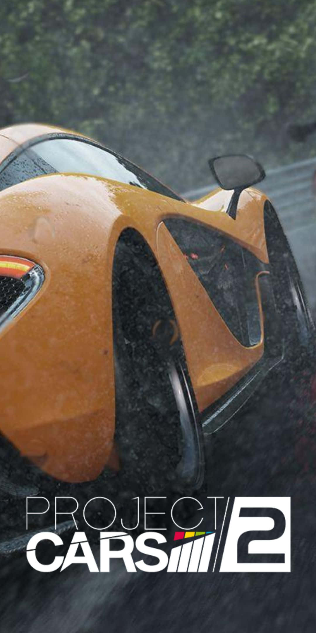 Pixel 3 Project Cars 2 桌布 壁紙 — 一輛充滿活力的橙色跑車在濕滑的雨街上疾馳，帶有動態模糊和濕潤的倒影。