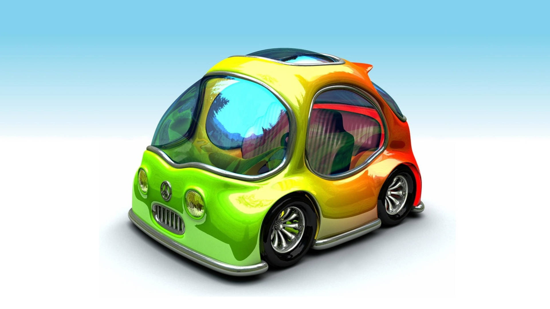 Cool Car 桌布 壁紙 — 一輛充滿活力的漸層未來汽車，帶有綠色、黃色、橙色和紅色色調，在柔和的藍色天空背景下閃閃發光。
