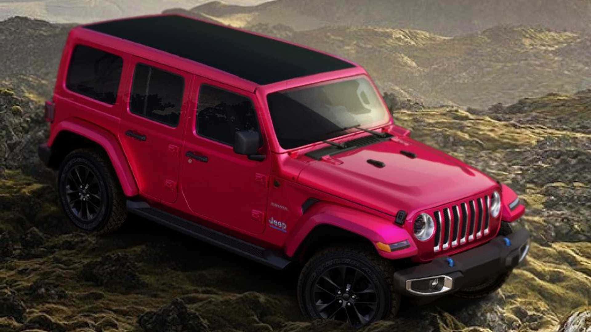 吉普 桌布 壁紙 — 一輛充滿活力的粉紅色Jeep Wrangler，帶有黑色飾邊，穩穩地停在崎嶇的苔蘚岩石上，背景是山巒。