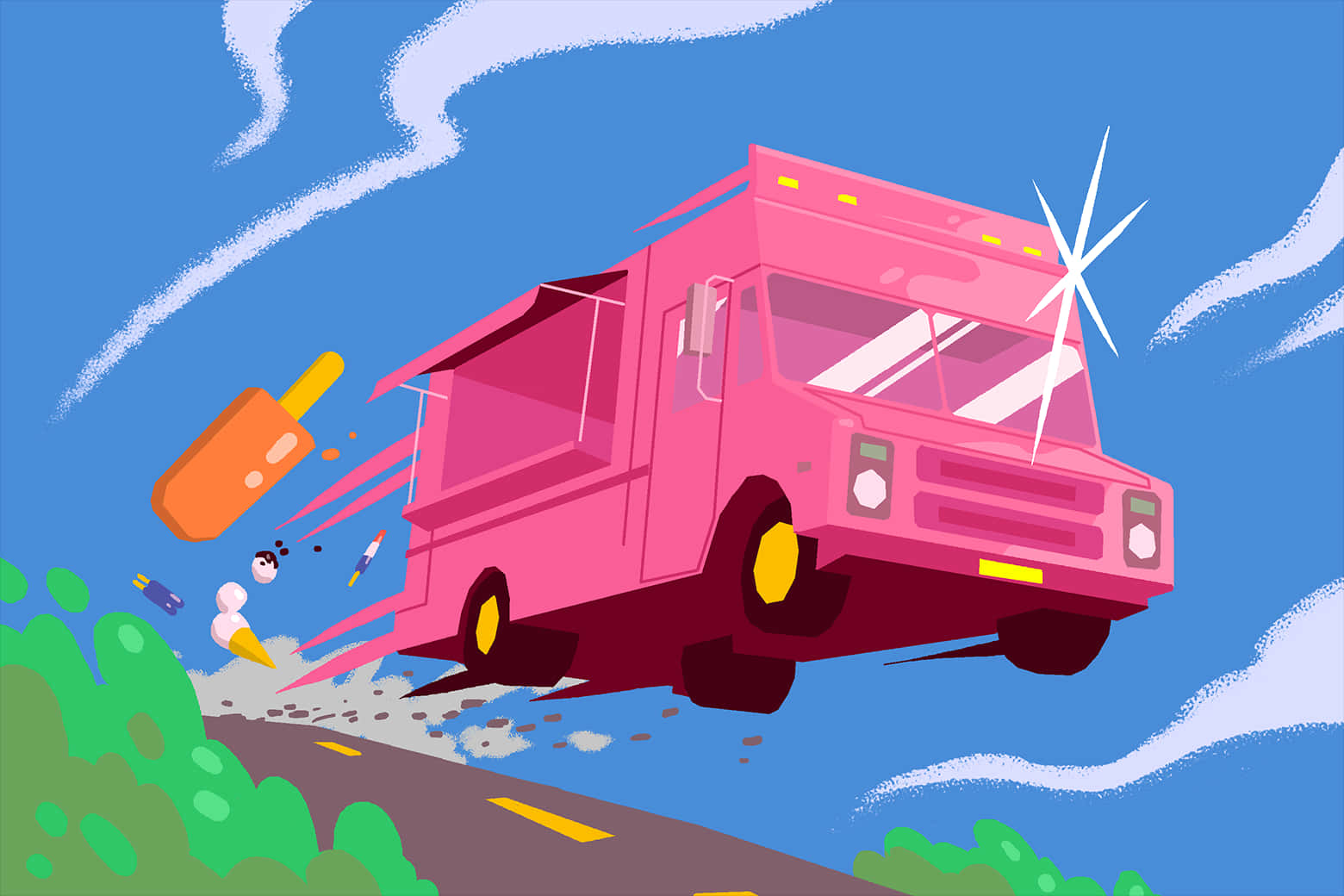 Ice Cream Truck 桌布 壁紙 — 一輛充滿活力的粉紅色冰淇淋車在蜿蜒的道路上空飛躍，身後拖著飛行的冰棒和卡通風格的碎片。