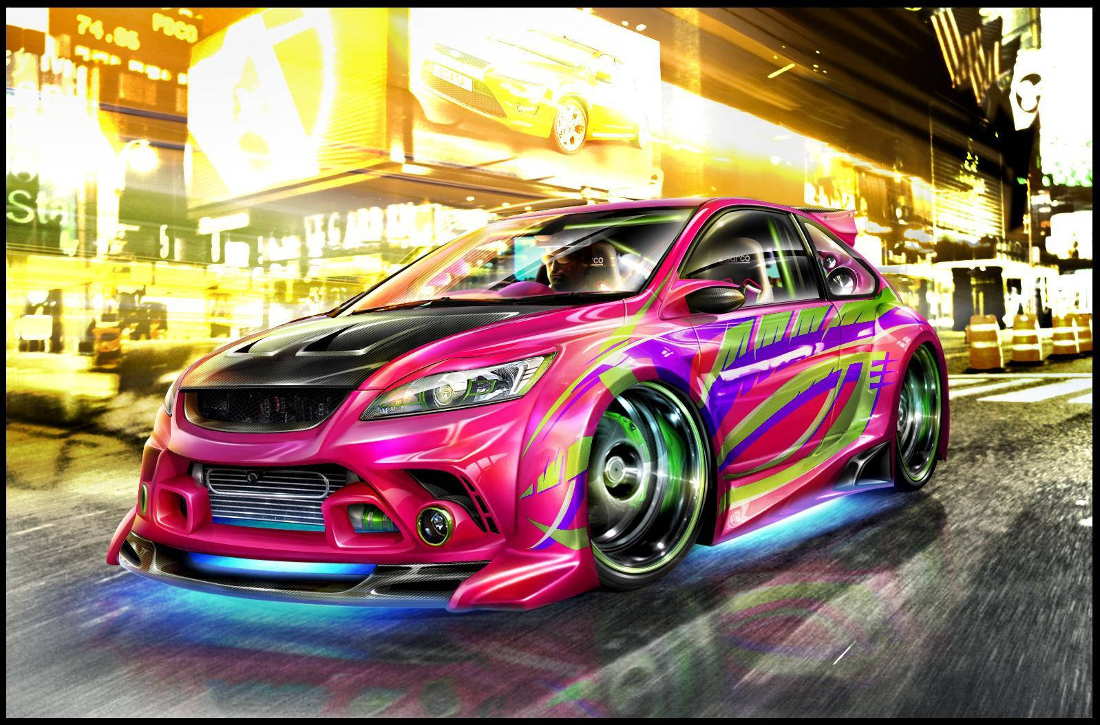 Racing 桌布 壁紙 — 一輛充滿活力的粉紅色和紫色定制跑車，帶有發光的霓虹燈飾，在夜晚穿過模糊的霓虹燈城市街道。