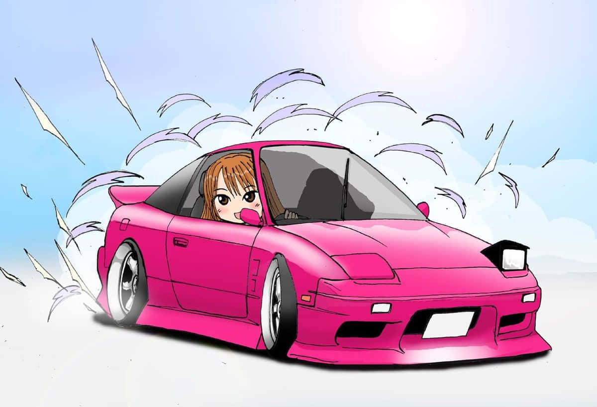 動漫車 桌布 壁紙 — 一輛充滿活力的粉紅色跑車在明亮的藍天下，由一位開朗的動畫女孩駕駛漂移。