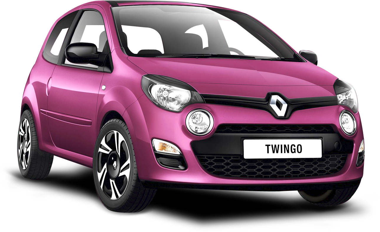 雷諾 桌布 壁紙 — 一輛充滿活力的粉紅色雷諾 Twingo 緊湊型汽車，帶有黑色飾邊和時尚車輪，在黑色背景的攝影棚燈光下展示。