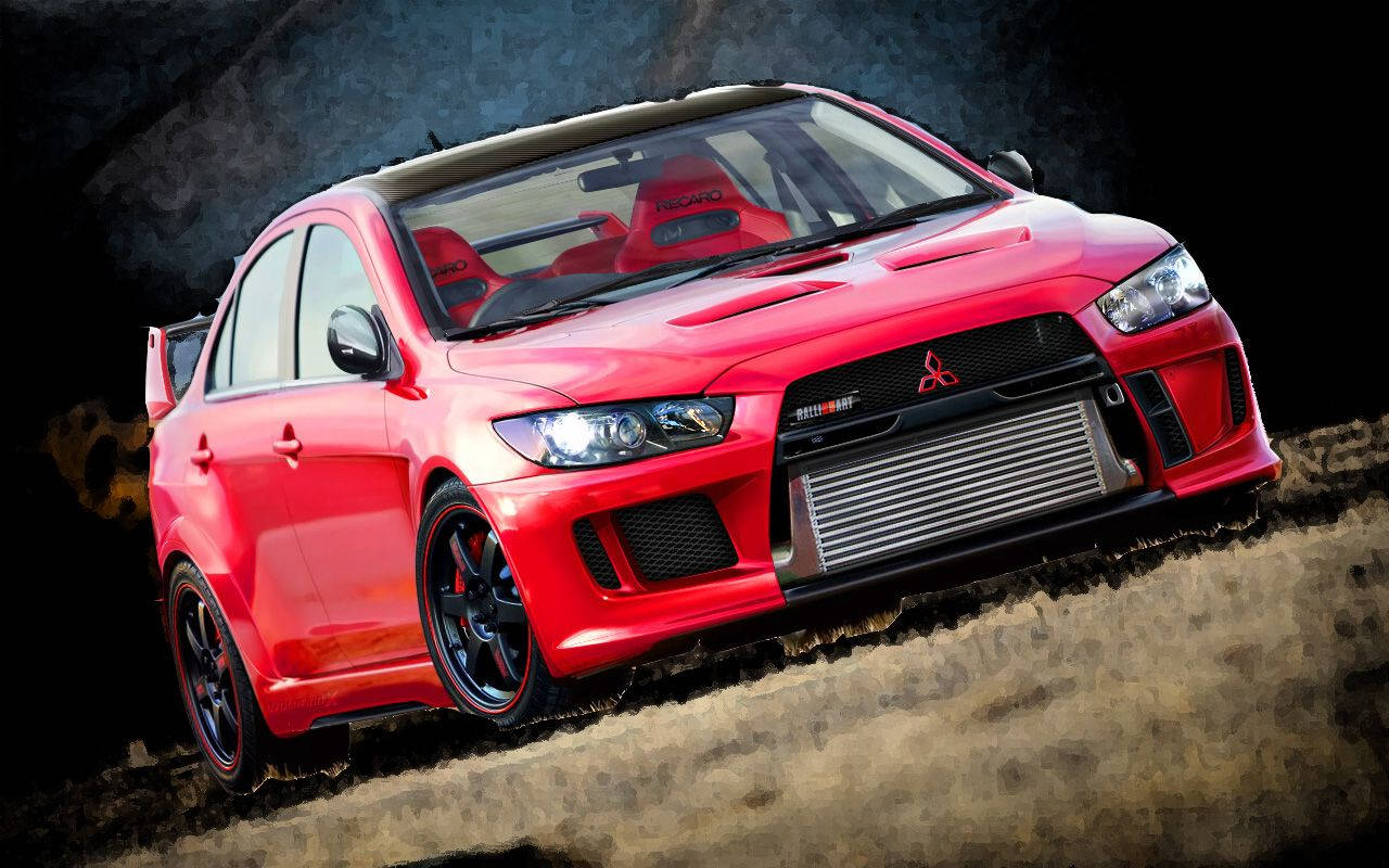三菱 桌布 壁紙 — 一輛充滿活力的紅色三菱Lancer Evolution拉力賽車，帶有黑色飾件和賽車座椅，在戲劇性燈光下動態傾斜於泥地賽道上。