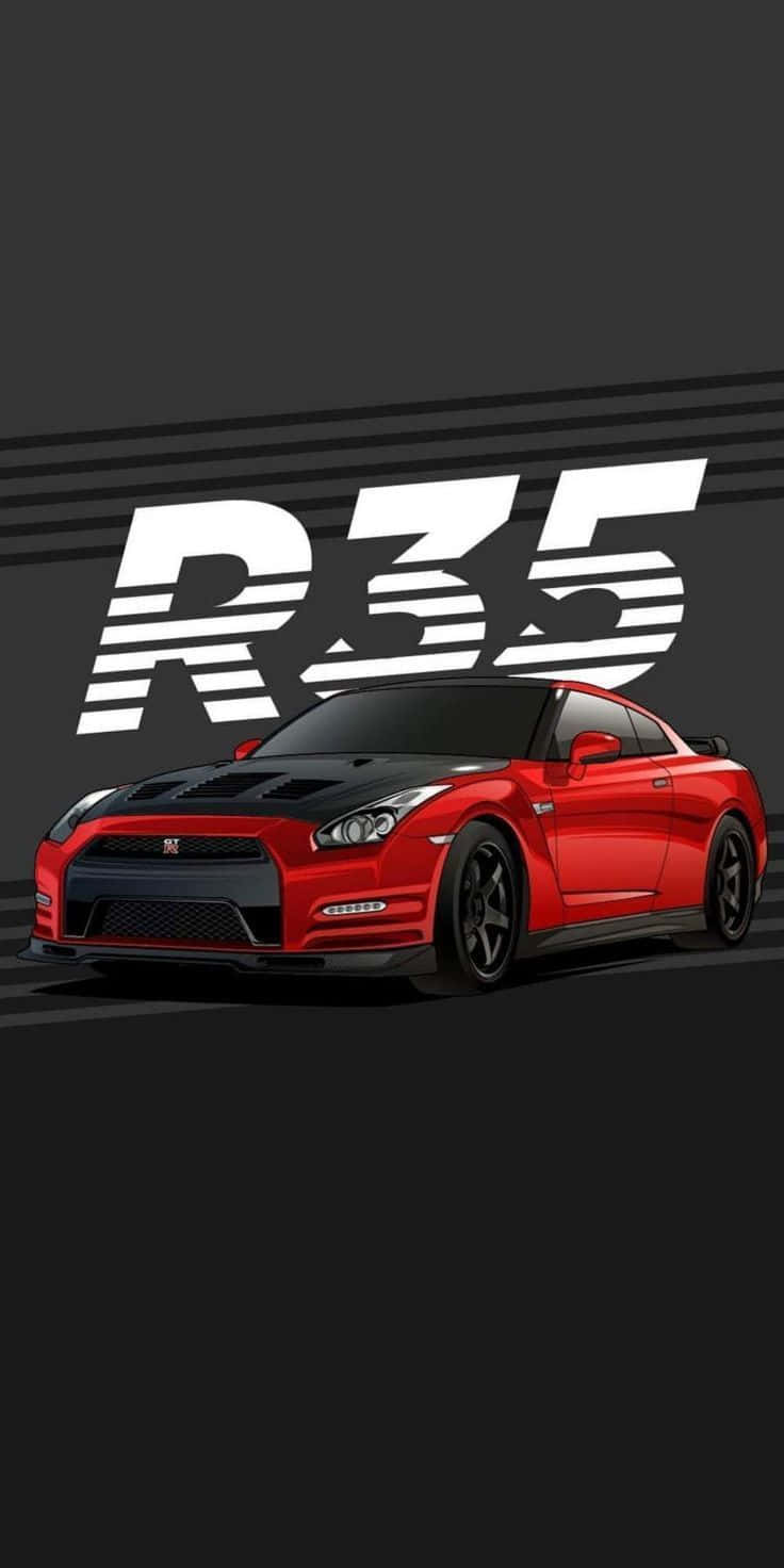 日產 桌布 壁紙 — 一輛充滿活力的紅色日產GT-R R35跑車，帶有黑色飾邊和醒目的白色R35字樣，背景為深灰色。