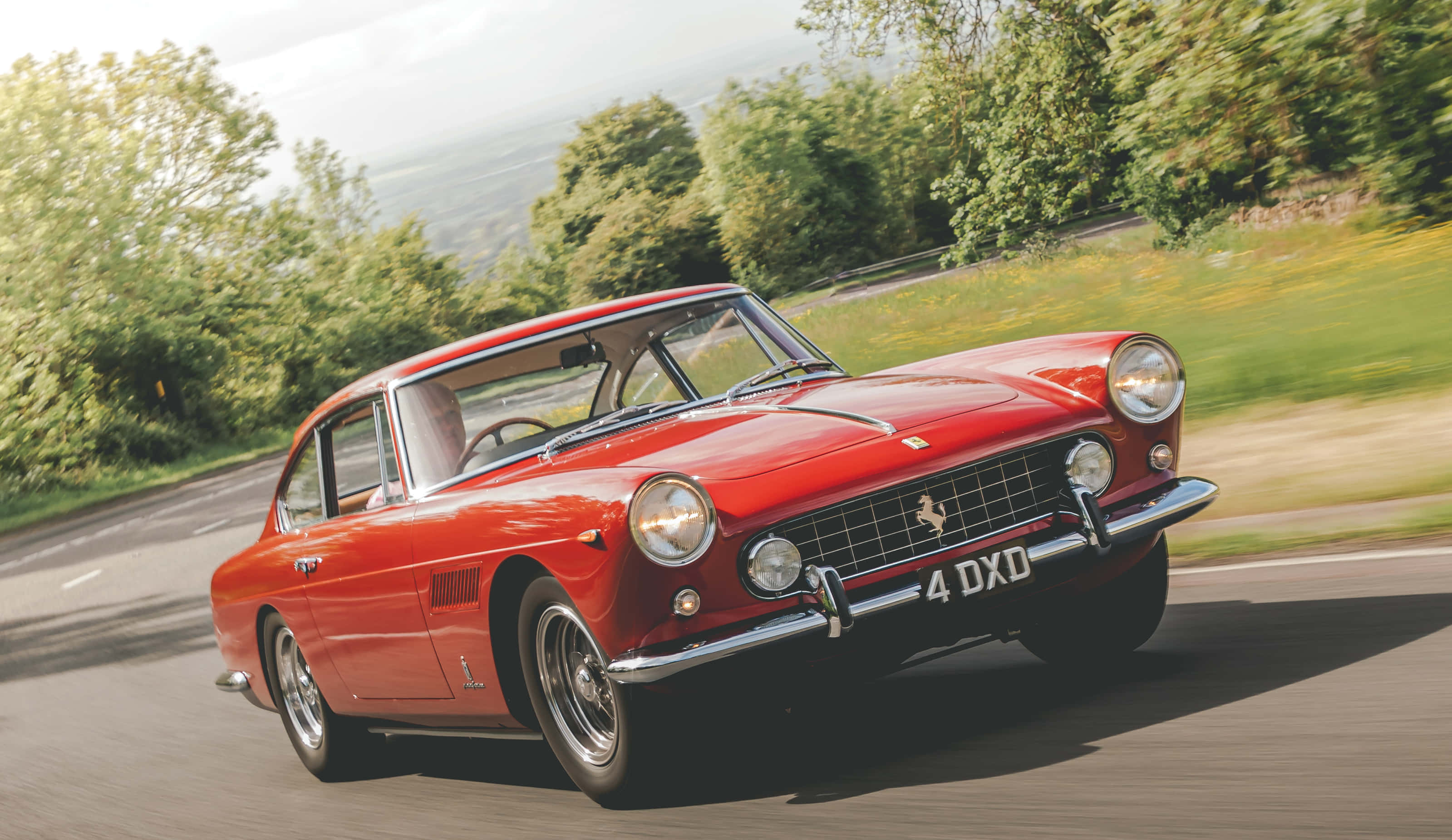 Vintage Ferrari 桌布 壁紙 — 一輛充滿活力的紅色經典法拉利250 GT沿著蜿蜒的鄉村道路行駛，兩旁是茂密的綠樹和金色的野花，呈現動態模糊效果。