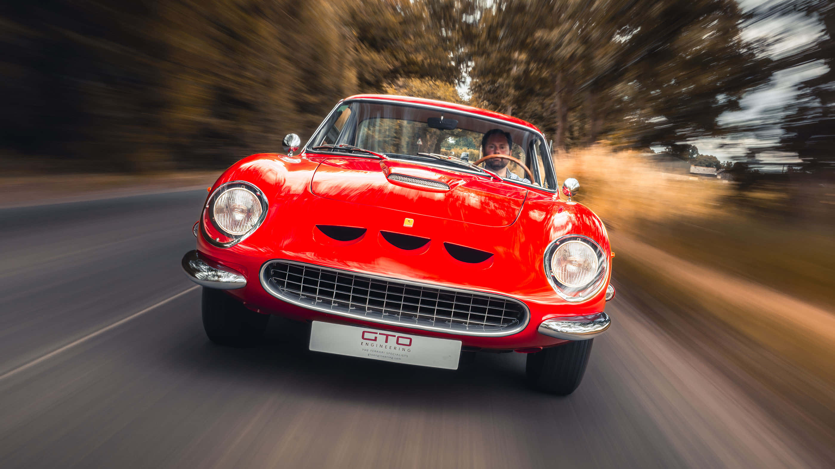 Vintage Ferrari 桌布 壁紙 — 一輛充滿活力的紅色經典法拉利GTO在森林道路上行駛，動態模糊傳達出驚心動魄的速度感。