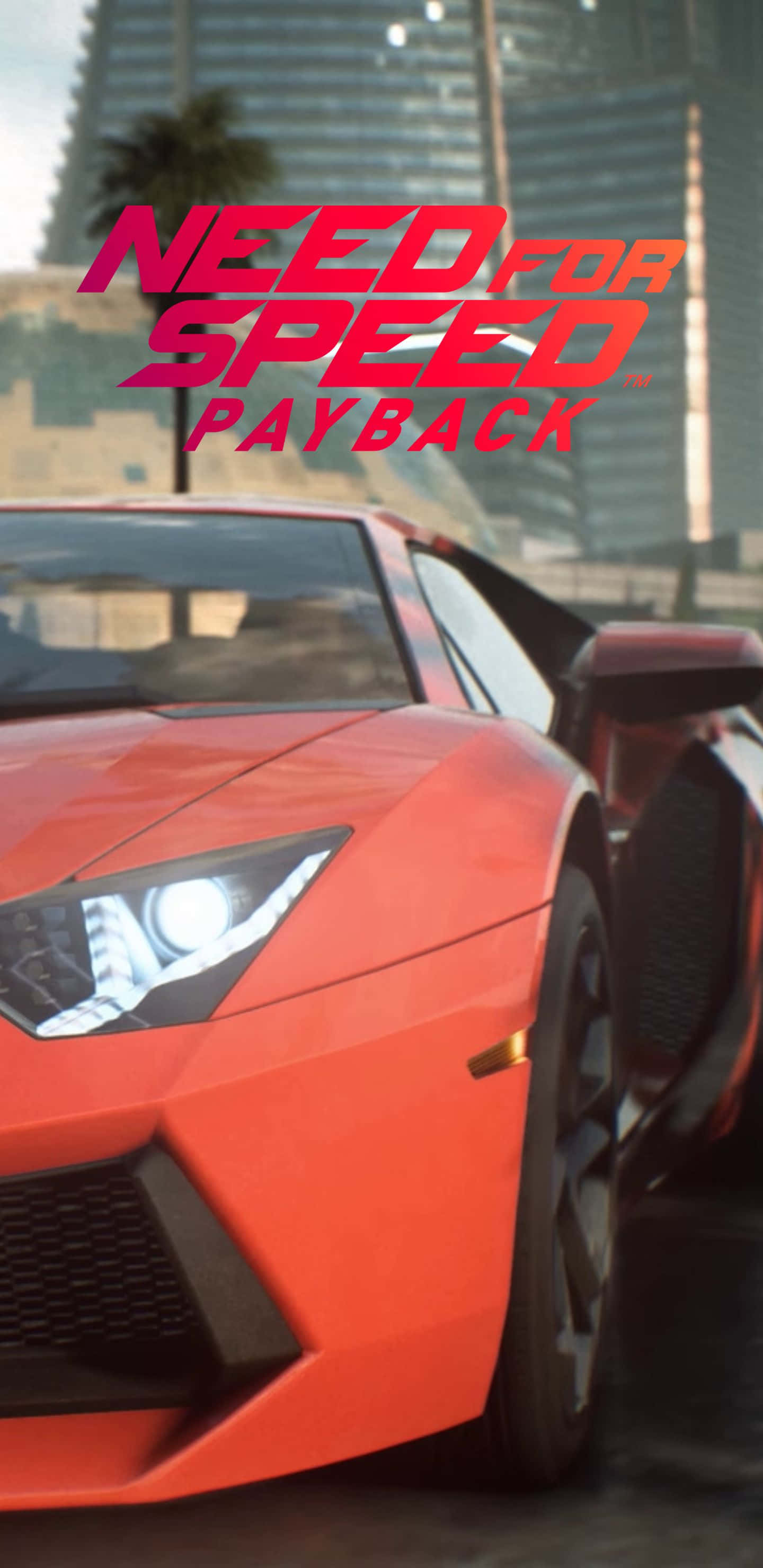 Pixel 3xl Need For Speed Payback 桌布 壁紙 — 一輛充滿活力的紅色跑車，帶有發光的車頭燈，在朦朧的天空下主導城市景觀，並帶有 'Need for Speed Payback' 標誌。