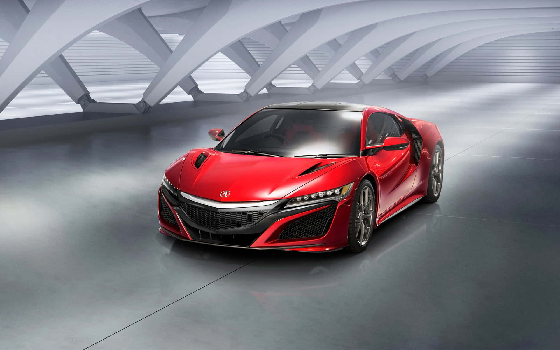 Acura 桌布 壁紙 — 一輛充滿活力的紅色跑車在未來主義的白色建築空間中，於攝影棚燈光下閃閃發光。