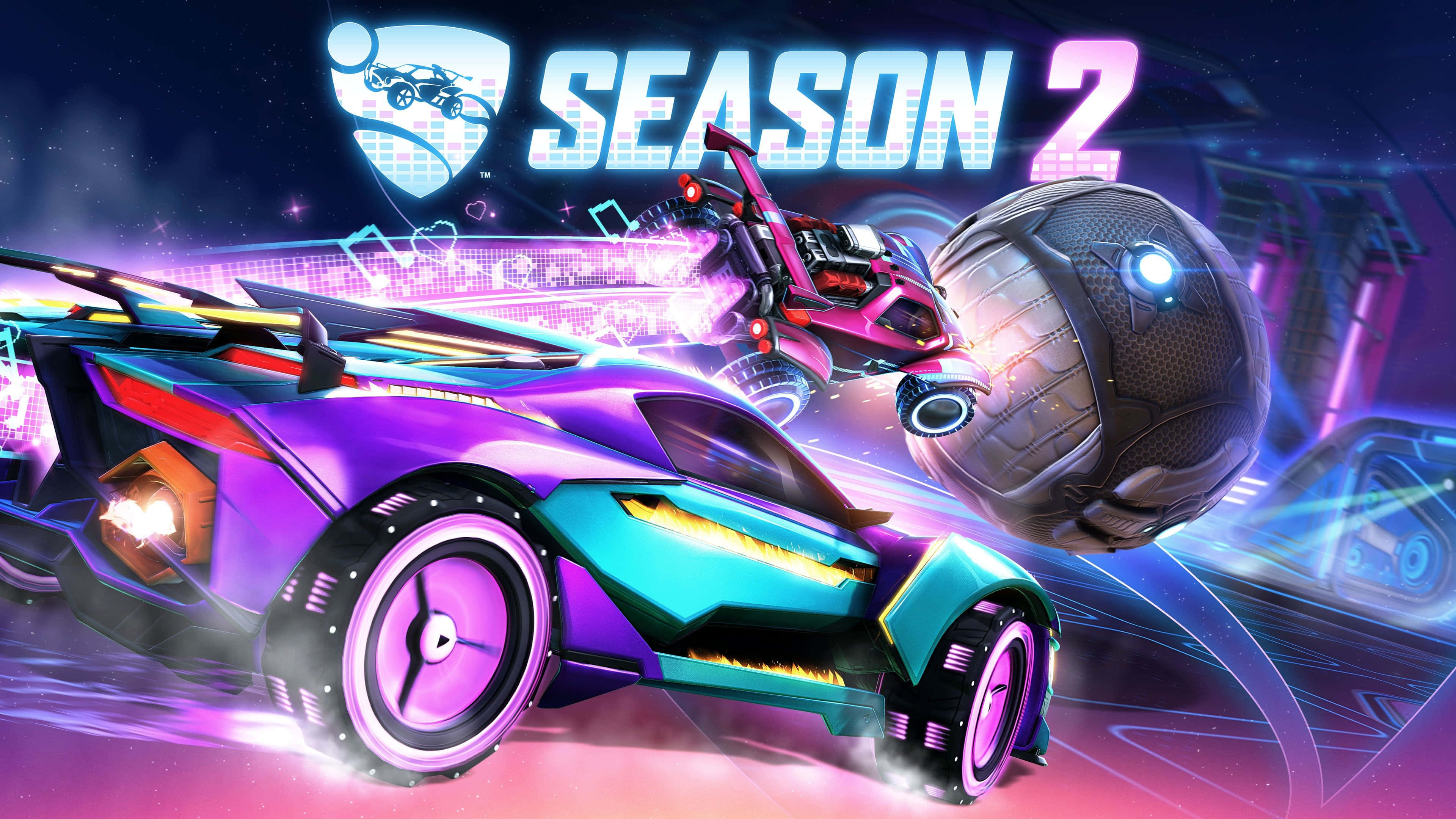 rocket league 1920x1080 桌布 壁紙 — 一輛充滿活力的紫色和藍綠色火箭動力賽車在霓虹燈照亮的未來競技場中疾馳，追逐一個發光的足球。