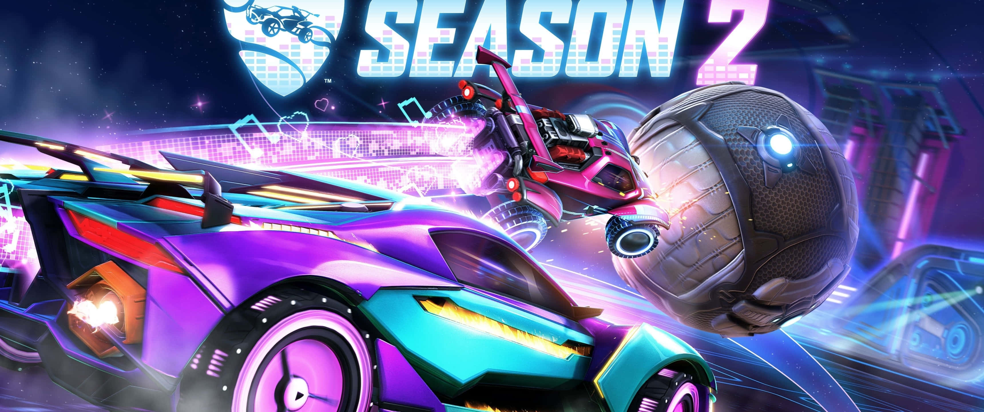 3440x1440p Rocket League 桌布 壁紙 — 一輛充滿活力的紫色和藍綠色火箭車在霓虹燈照亮的未來賽道上奔馳，帶有發光效果和一個大金屬球。