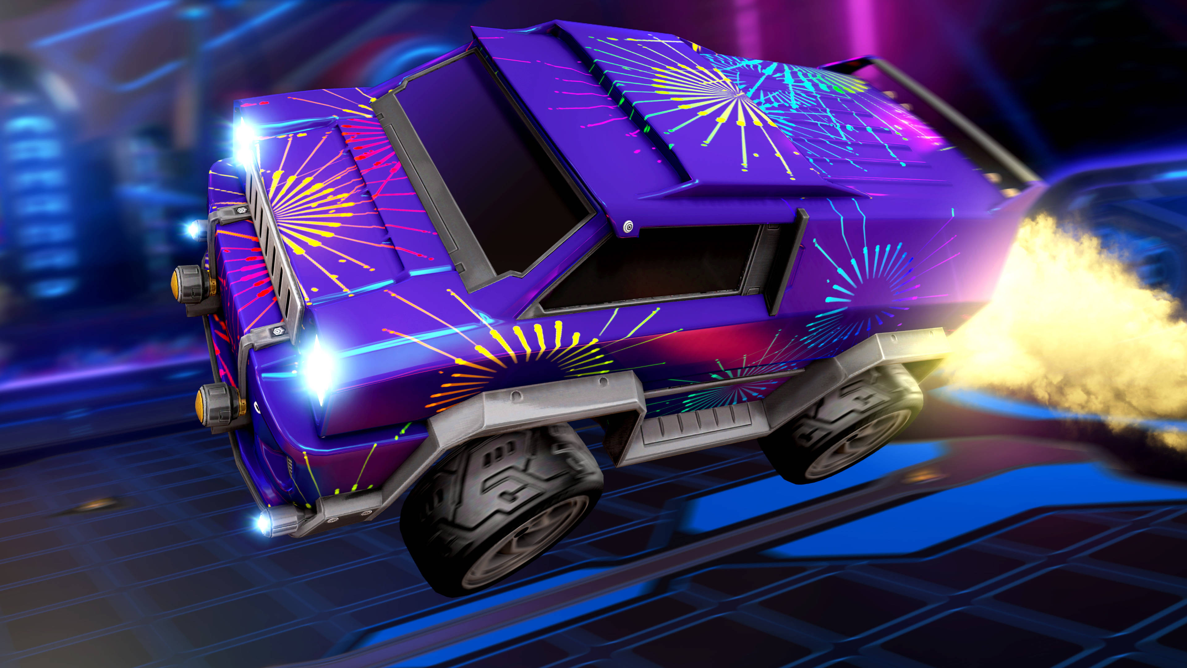 4K Rocket League 桌布 壁紙 — 一輛充滿活力的紫色火箭動力車，帶有霓虹煙花貼花，在發光的未來賽道上飛馳。