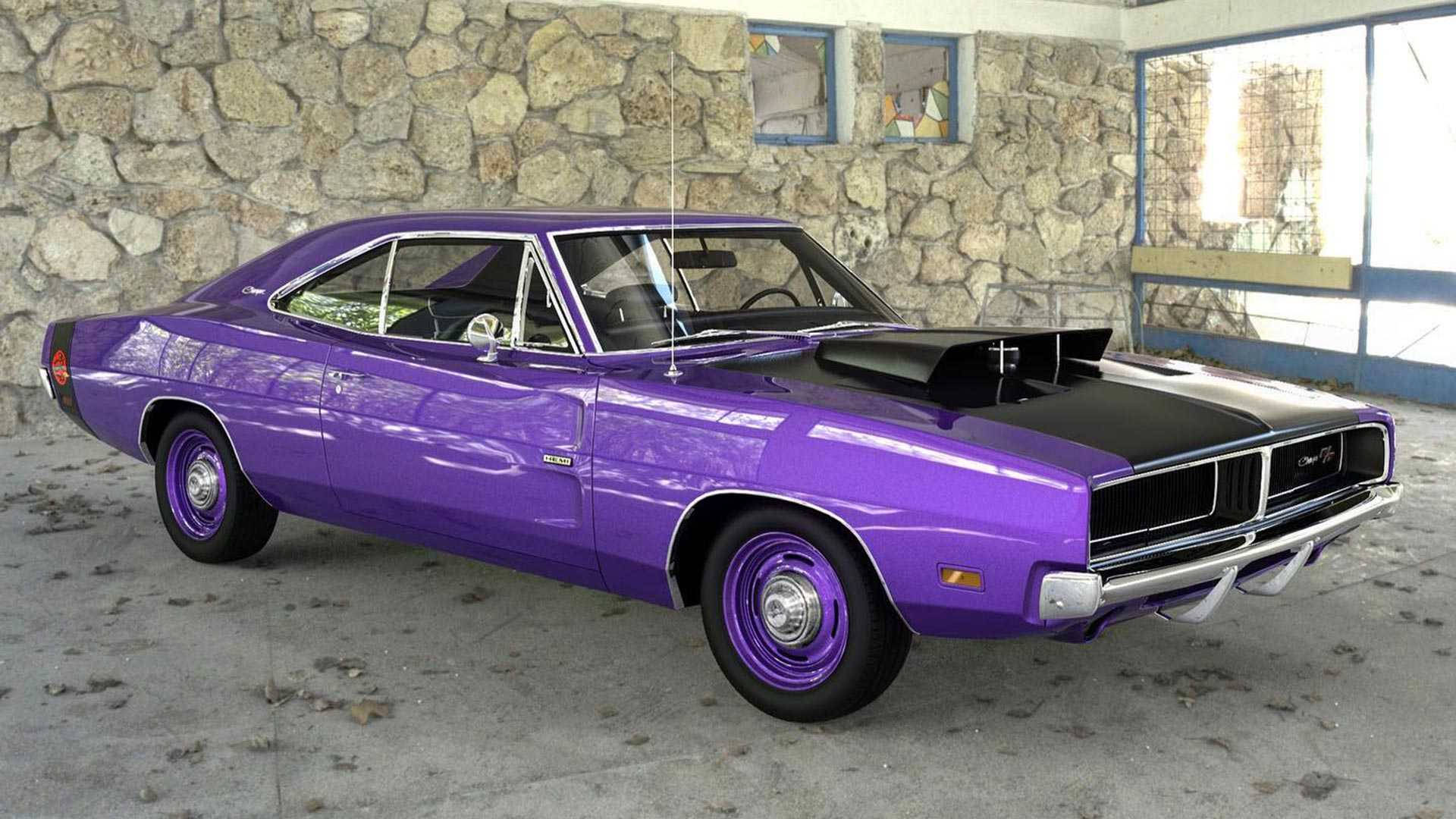 Charger 桌布 壁紙 — 一輛充滿活力的紫色經典肌肉車，帶有黑色引擎蓋，自豪地停放在質樸的石牆車庫內。