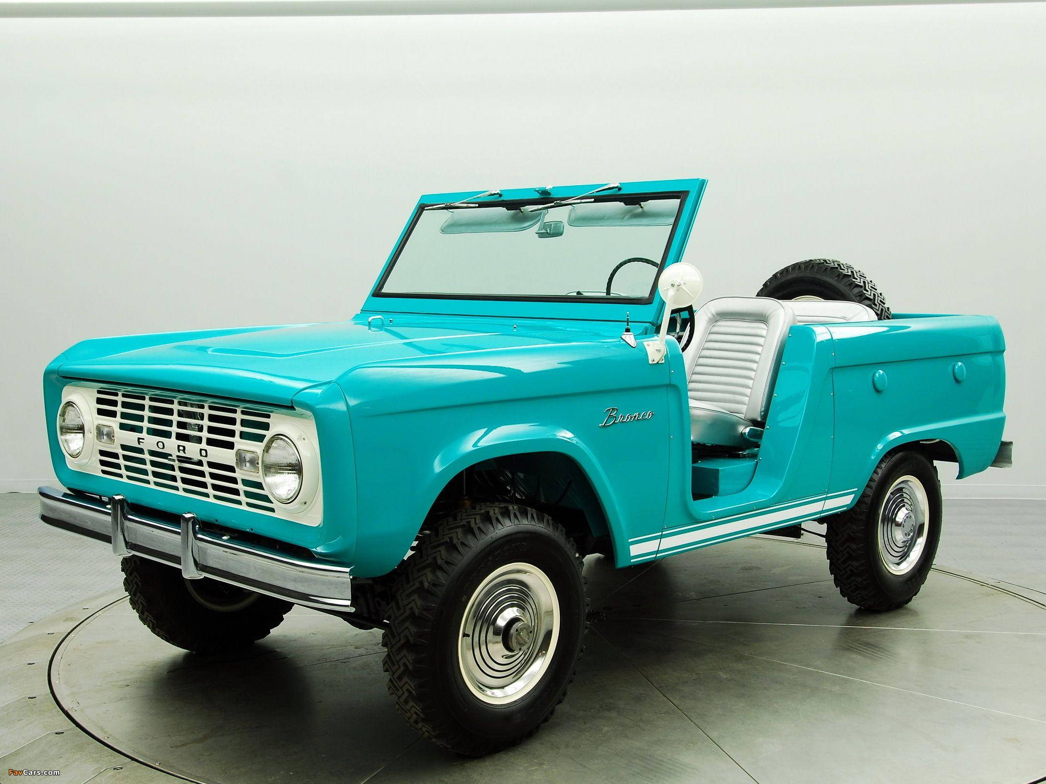 Ford Bronco 桌布 壁紙 — 一輛充滿活力的綠松色復古福特Bronco敞篷車，配備白色內裝和鍍鉻飾邊，矗立在簡約的工作室環境中。