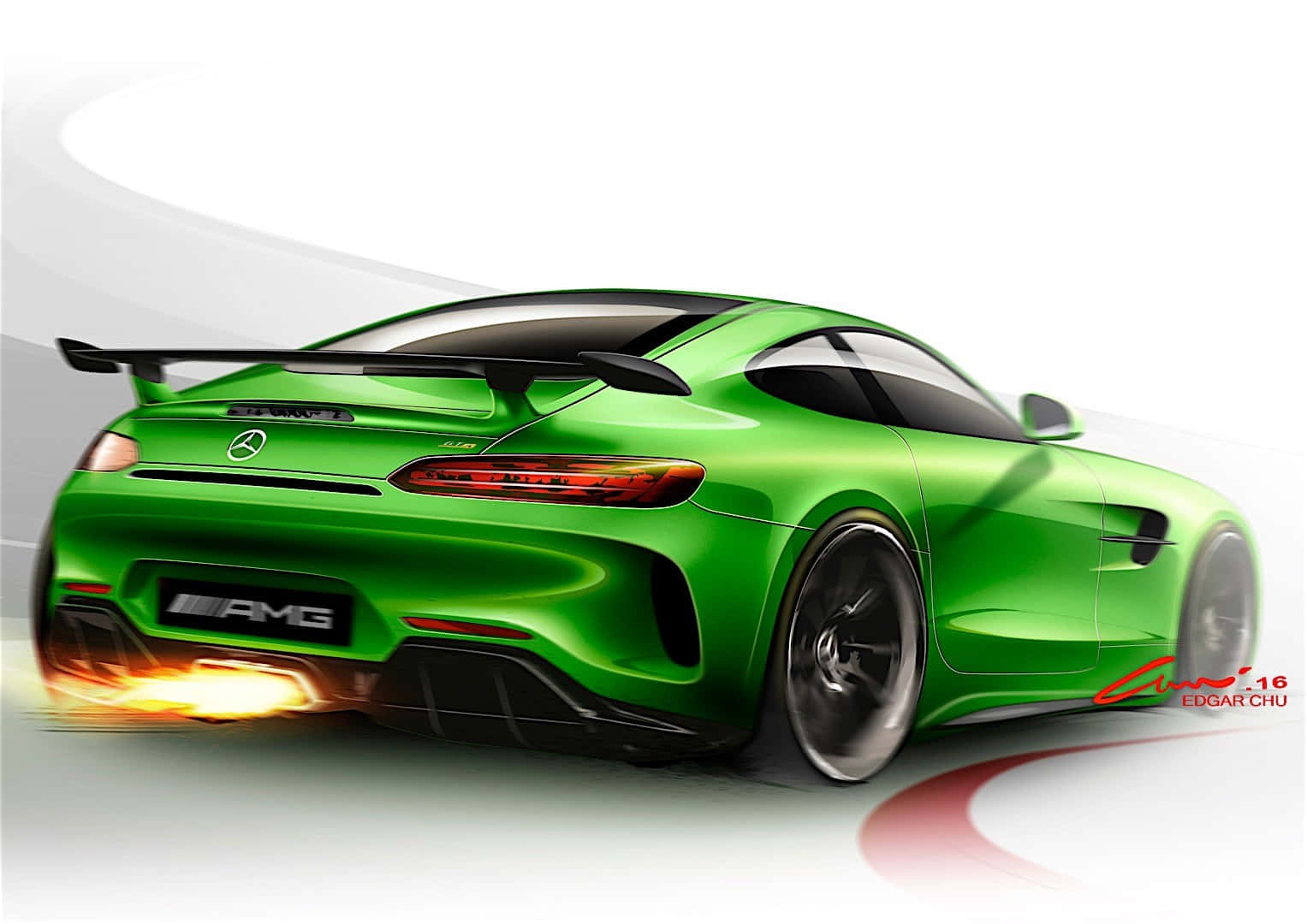 汽車 桌布 壁紙 — 一輛充滿活力的綠色Mercedes-AMG GT賽車，帶有發光的排氣火焰和動態模糊，背景為簡約白色。