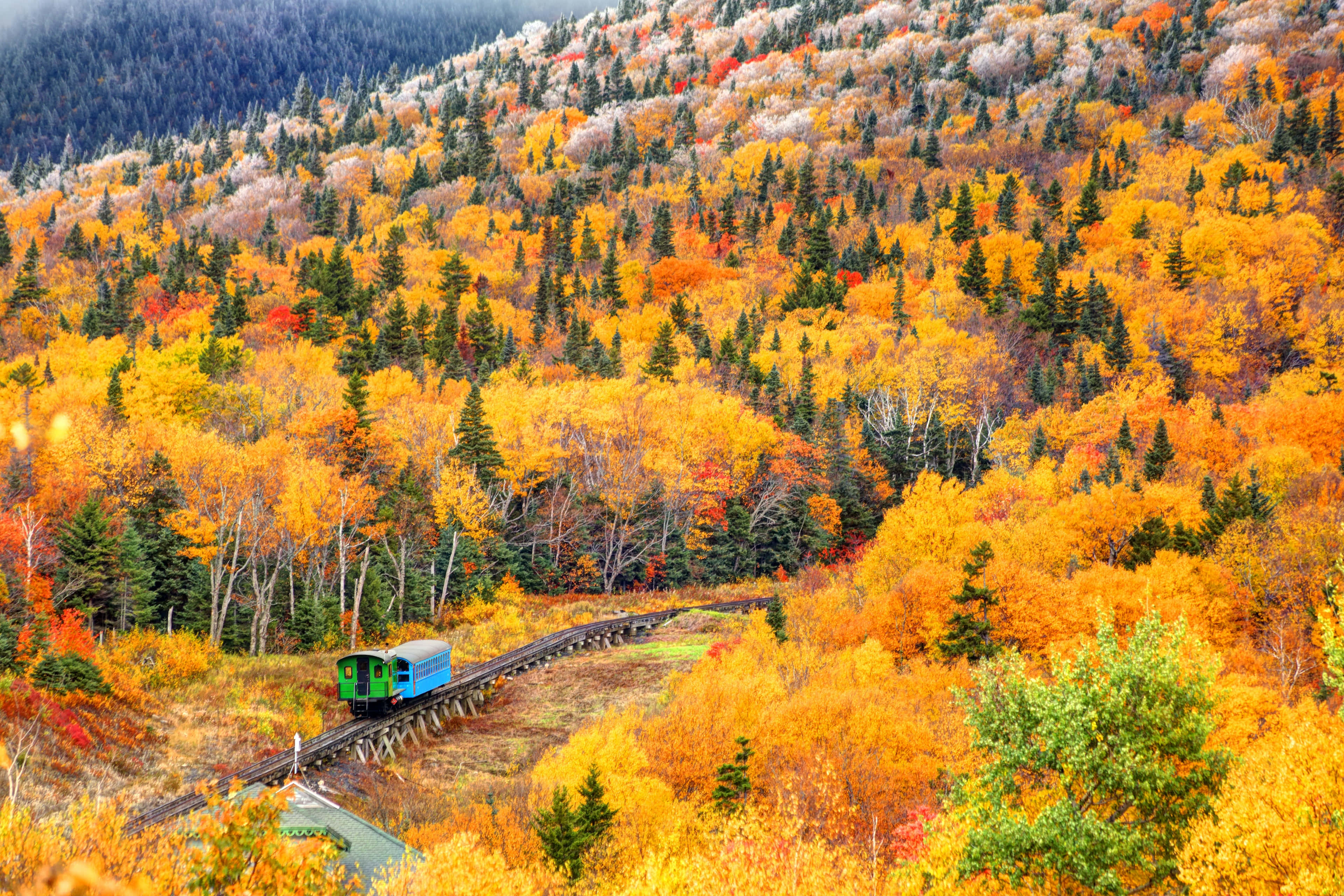 Autumn Fall 桌布 壁紙 — 一輛充滿活力的綠色和藍色火車蜿蜒穿過秋葉燃燒的山谷。