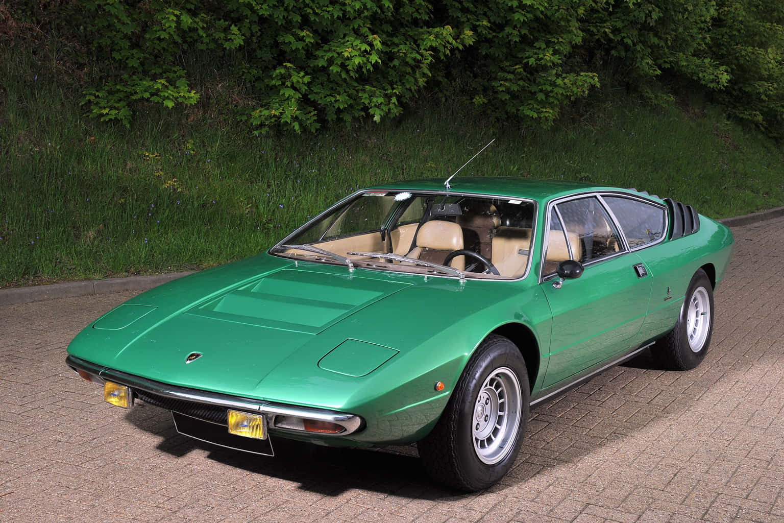Lamborghini Urraco 桌布 壁紙 — 一輛充滿活力的綠色經典藍寶堅尼Marzal停放在鋪砌的車道上，背後是茂密的綠色樹葉。