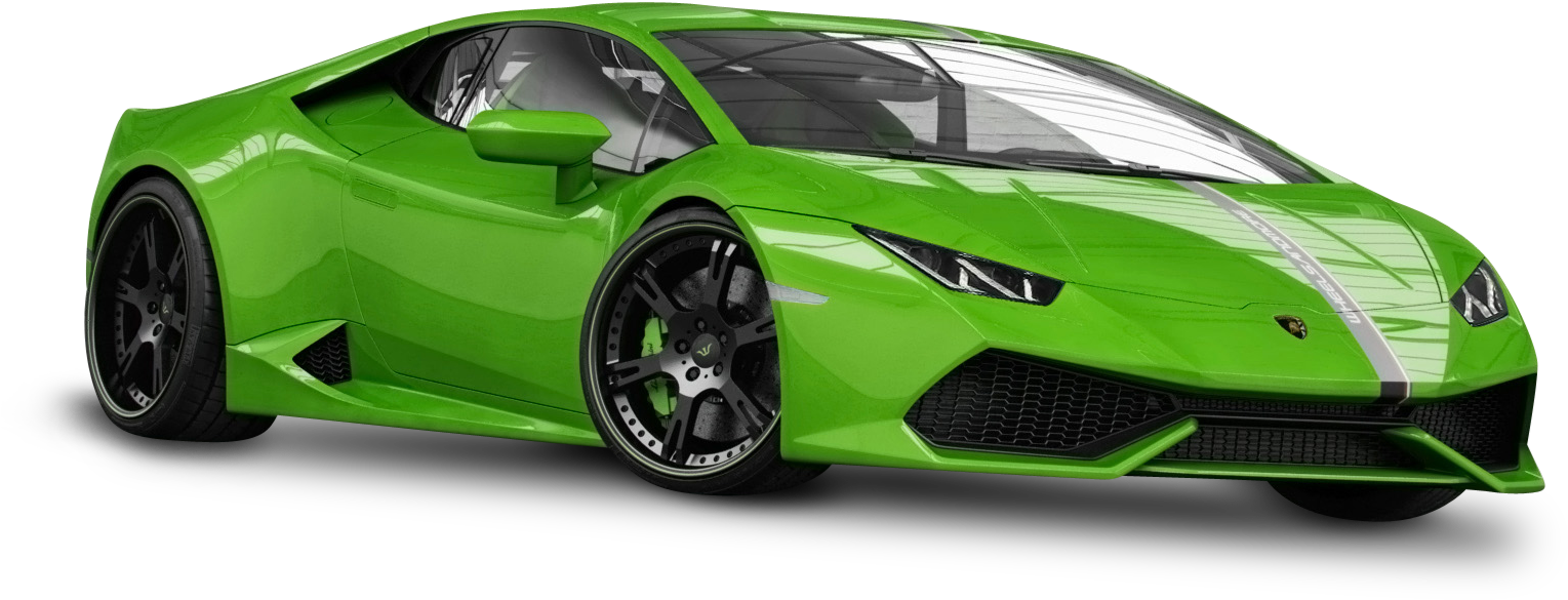 蘭博基尼 桌布 壁紙 — 一輛充滿活力的綠色藍寶堅尼 Huracán 跑車，帶有黑色飾件和賽車條紋，背景透明。