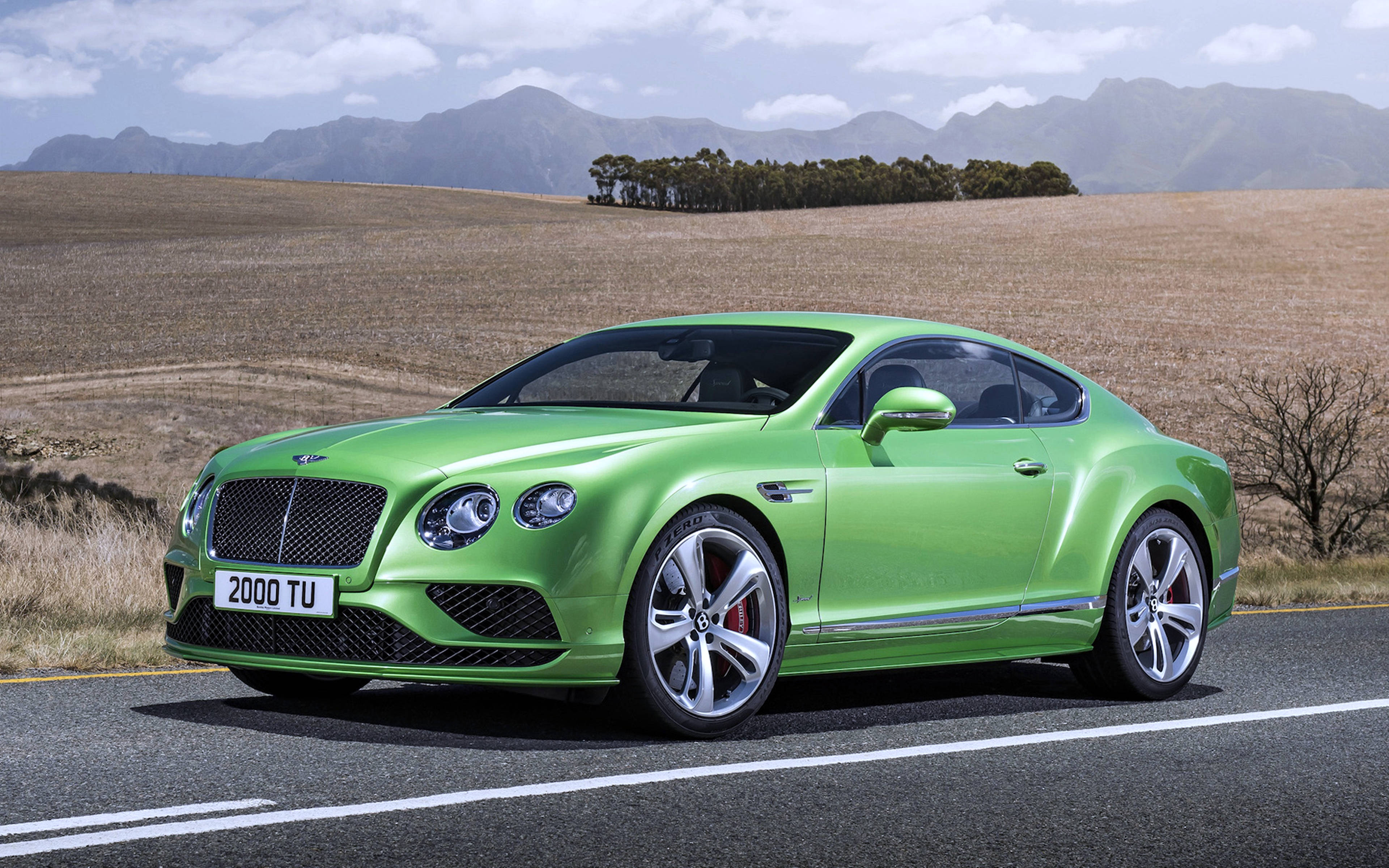 bentley HD 桌布 壁紙 — 一輛充滿活力的綠色賓利 Continental GT 在鋪砌的道路上行駛，穿過乾燥的草地，遠處有山脈，天空部分多雲。