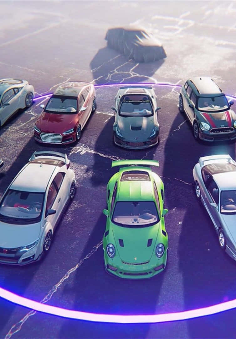 cars 桌布 壁紙 — 一輛充滿活力的綠色跑車位於豪華車中央，地面破裂，散發著霓虹紫色能量環的光芒。