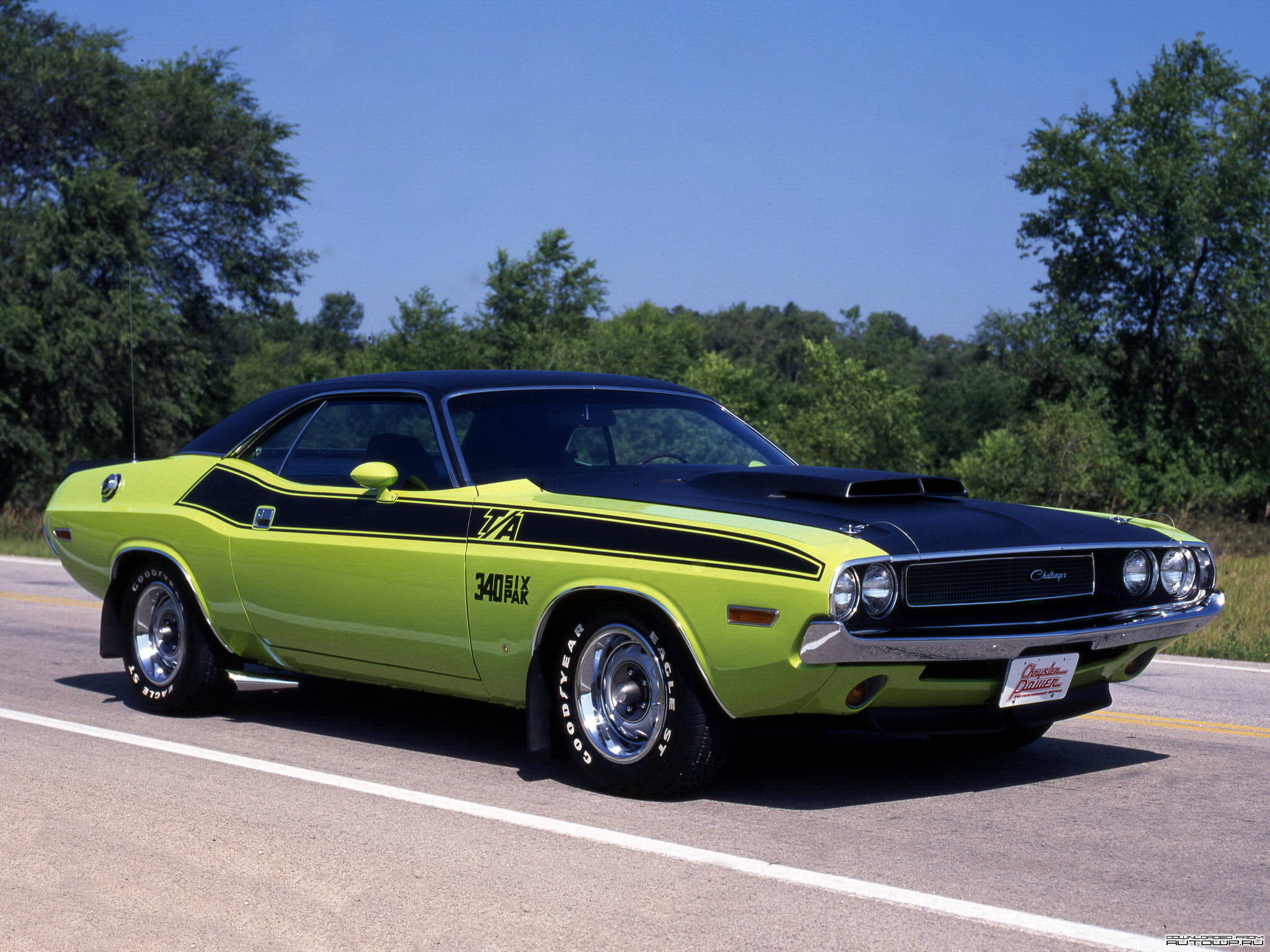 dodge iPhone 桌布 壁紙 — 一輛充滿活力的萊姆綠色1970年道奇挑戰者，帶有黑色引擎蓋和條紋，停在陽光明媚的道路上，周圍環繞著綠樹。