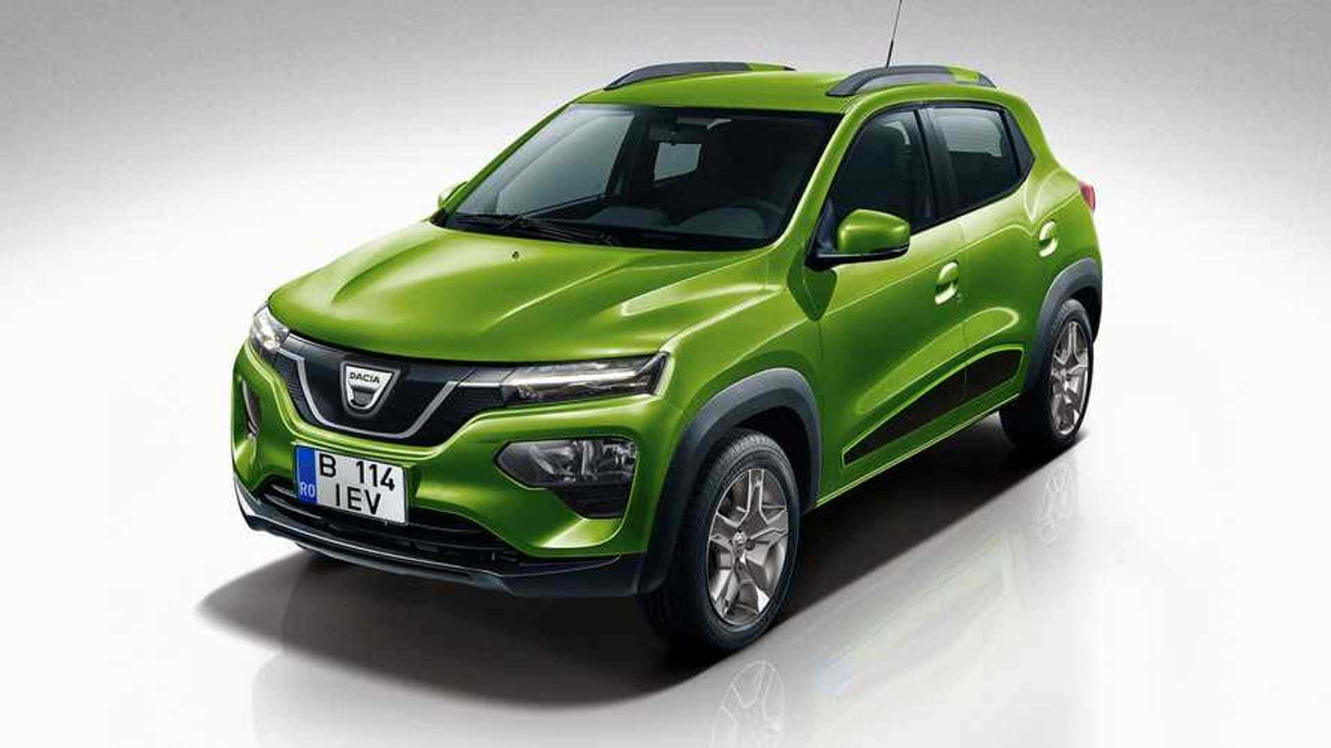 Dacia 桌布 壁紙 — 一輛充滿活力的萊姆綠色Dacia Spring EV SUV在乾淨的攝影棚中展示，地板具有反射效果。
