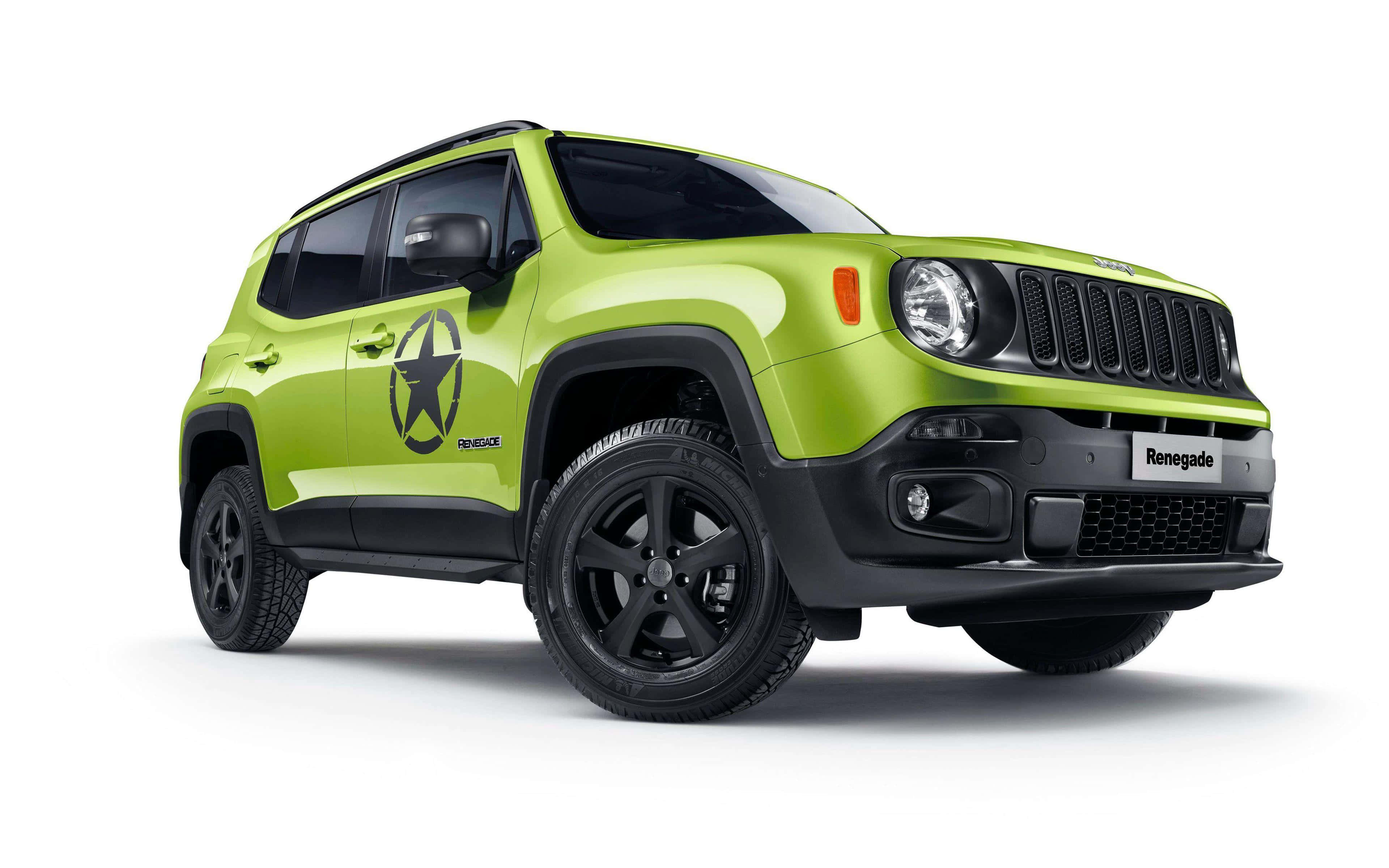 Jeep Renegade 桌布 壁紙 — 一輛充滿活力的萊姆綠色Jeep Renegade，帶有黑色飾邊和星星貼紙，在潔白的攝影棚背景下醒目地展現。
