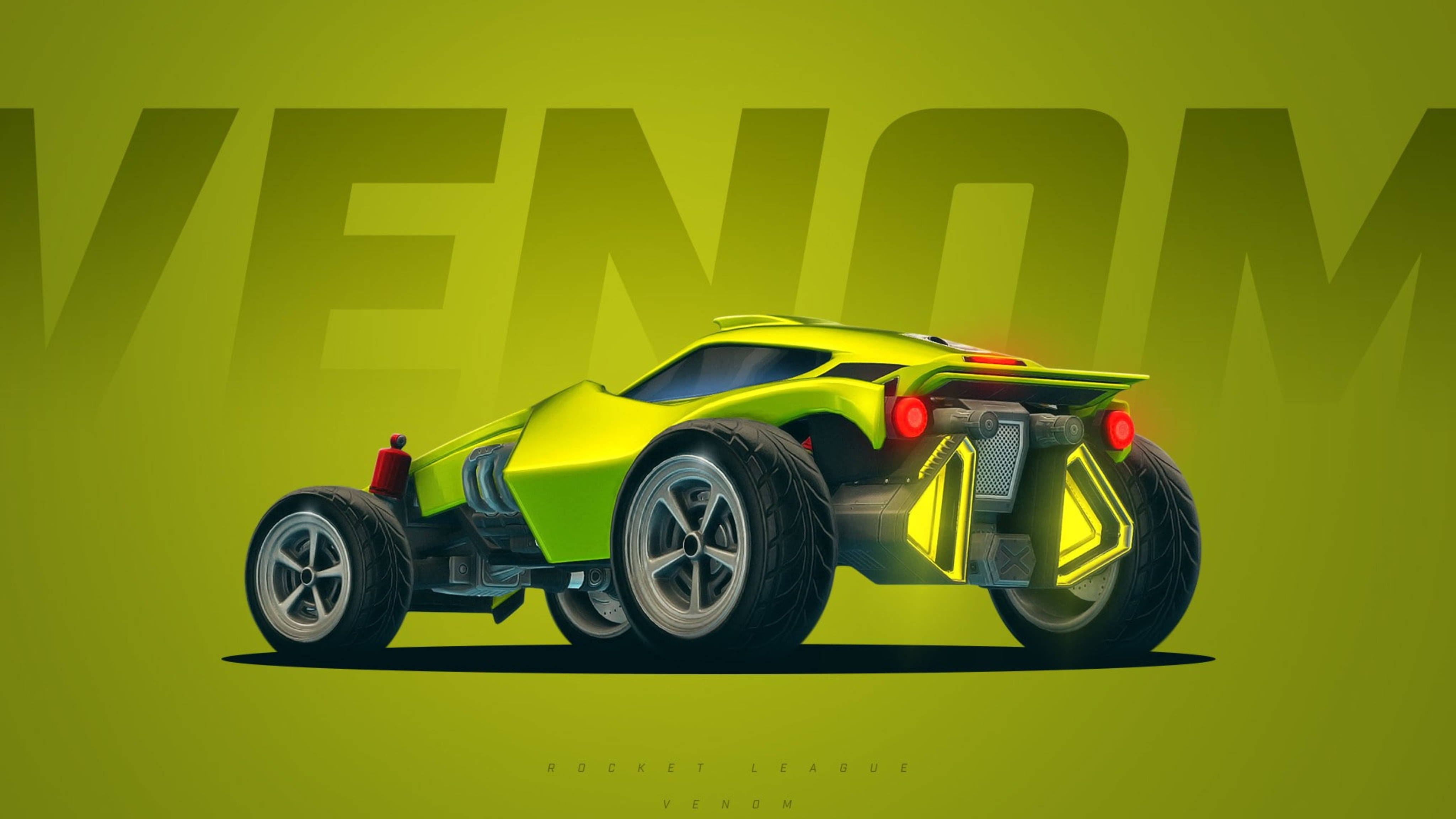 遊戲 桌布 壁紙 — 一輛充滿活力的萊姆綠色Rocket League汽車，名為Venom，帶有發光裝飾和粗體字體，置於純綠色背景上。