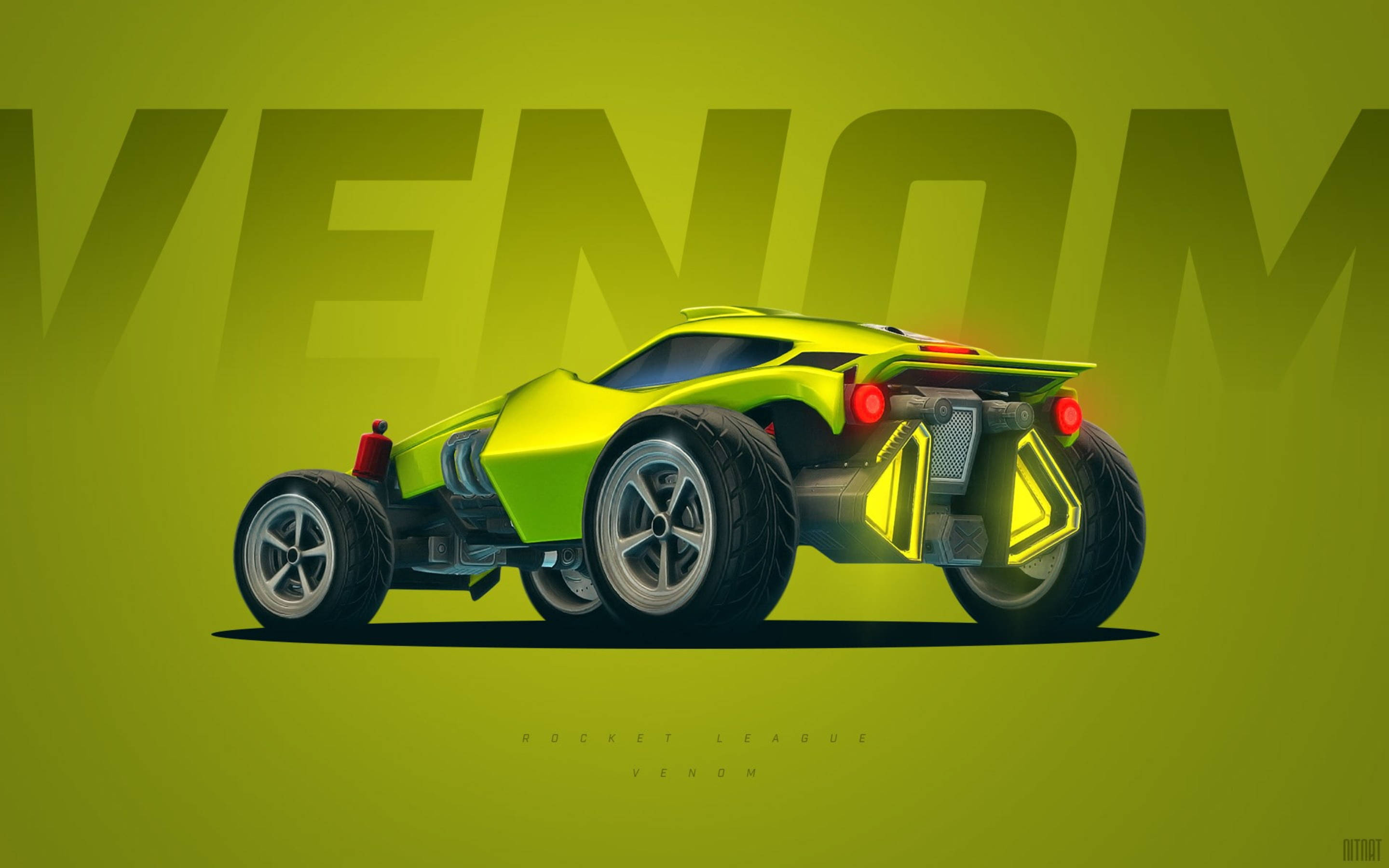 遊戲 桌布 壁紙 — 一輛充滿活力的萊姆綠色Rocket League Venom賽車，帶有發光的紅色尾燈和粗體「VENOM」文字，背景為純綠色。