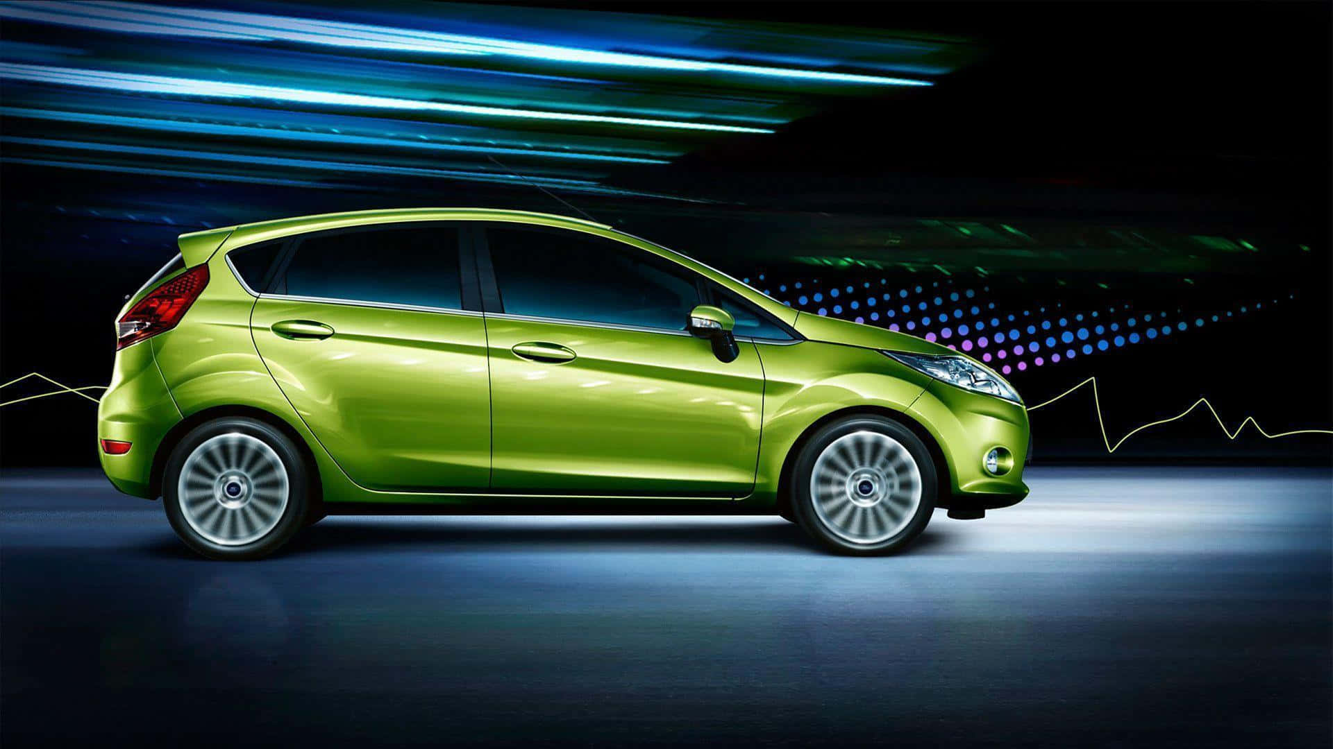 Ford Fiesta 桌布 壁紙 — 一輛充滿活力的萊姆綠色小型汽車在霓虹燈隧道中滑行，隧道內有藍色條紋燈光和發光點。
