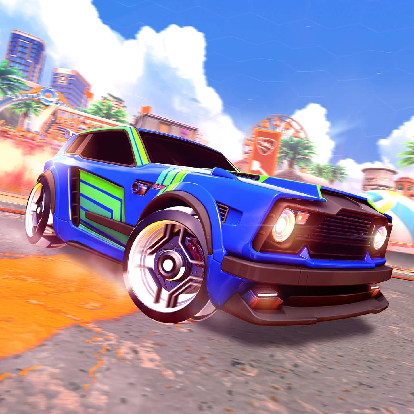 rocket league 1920x1080 桌布 壁紙 — 一輛充滿活力的藍綠色賽車在陽光明媚的城市賽道上飛馳，背景有棕櫚樹和建築物。