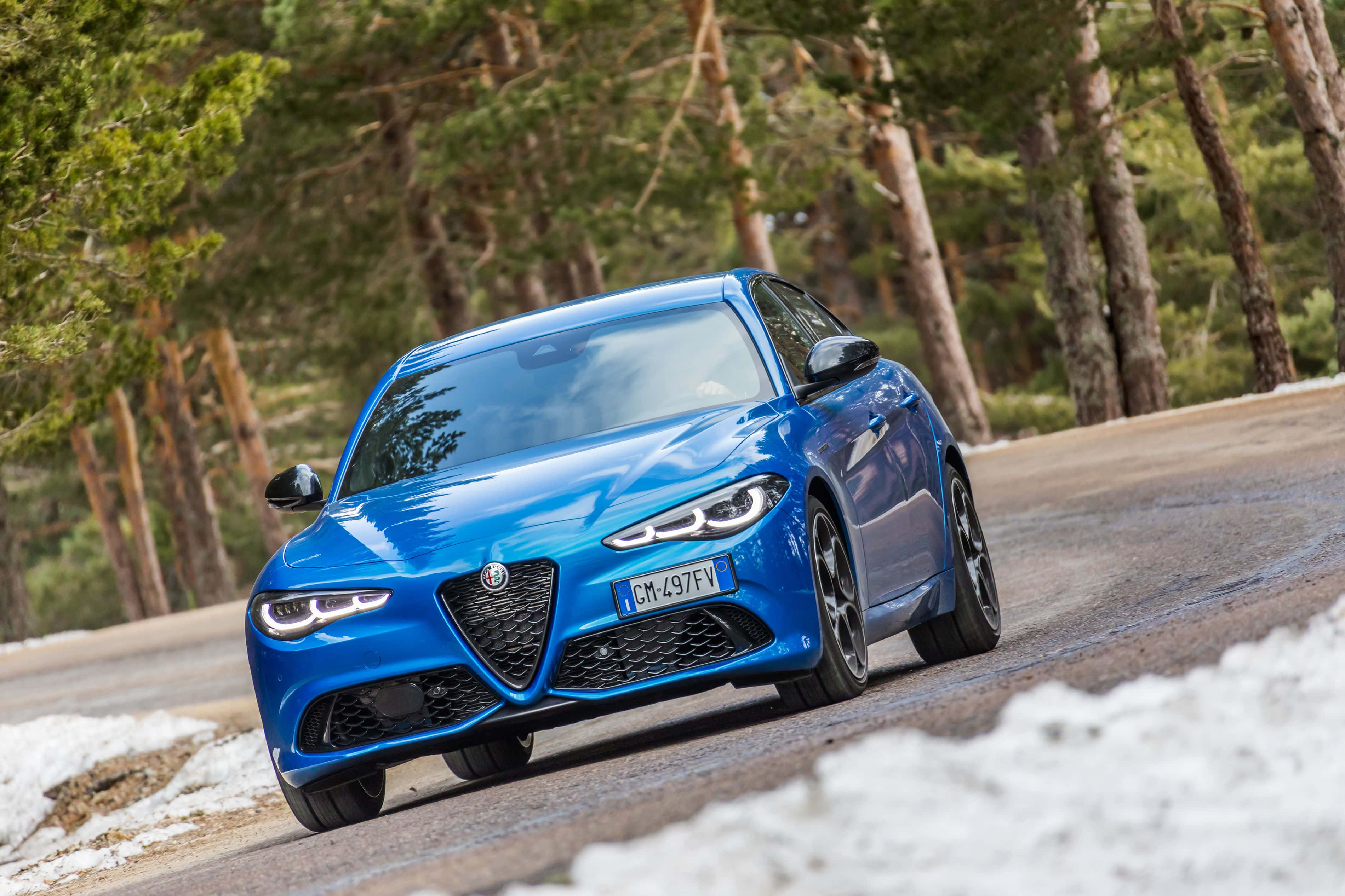愛快羅密歐 桌布 壁紙 — 一輛充滿活力的藍色 Alfa Romeo 轎車在蜿蜒的森林道路上行駛，路邊有積雪。
