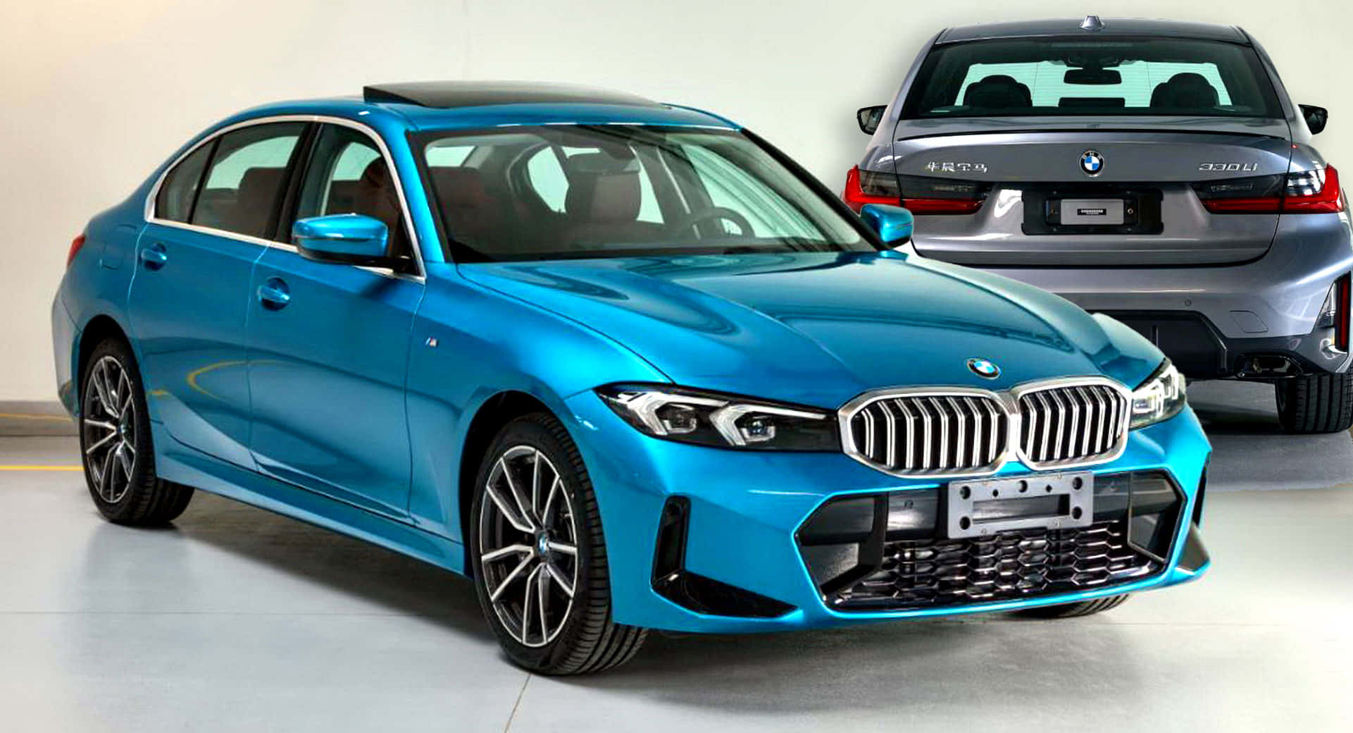 Bmw 3 Series 桌布 壁紙 — 一輛充滿活力的藍色BMW 3系列轎車在簡約的展示間中，在攝影棚燈光下與銀色車型並排閃耀。