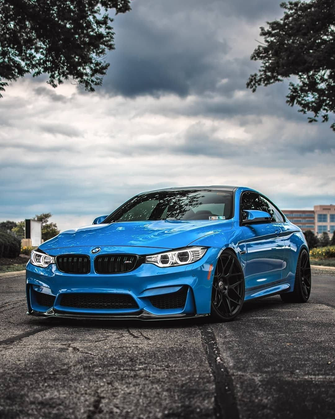 藍色美學 桌布 壁紙 — 一輛充滿活力的藍色BMW M4轎跑車在樹枝框住的戲劇性多雲天空下閃閃發光。