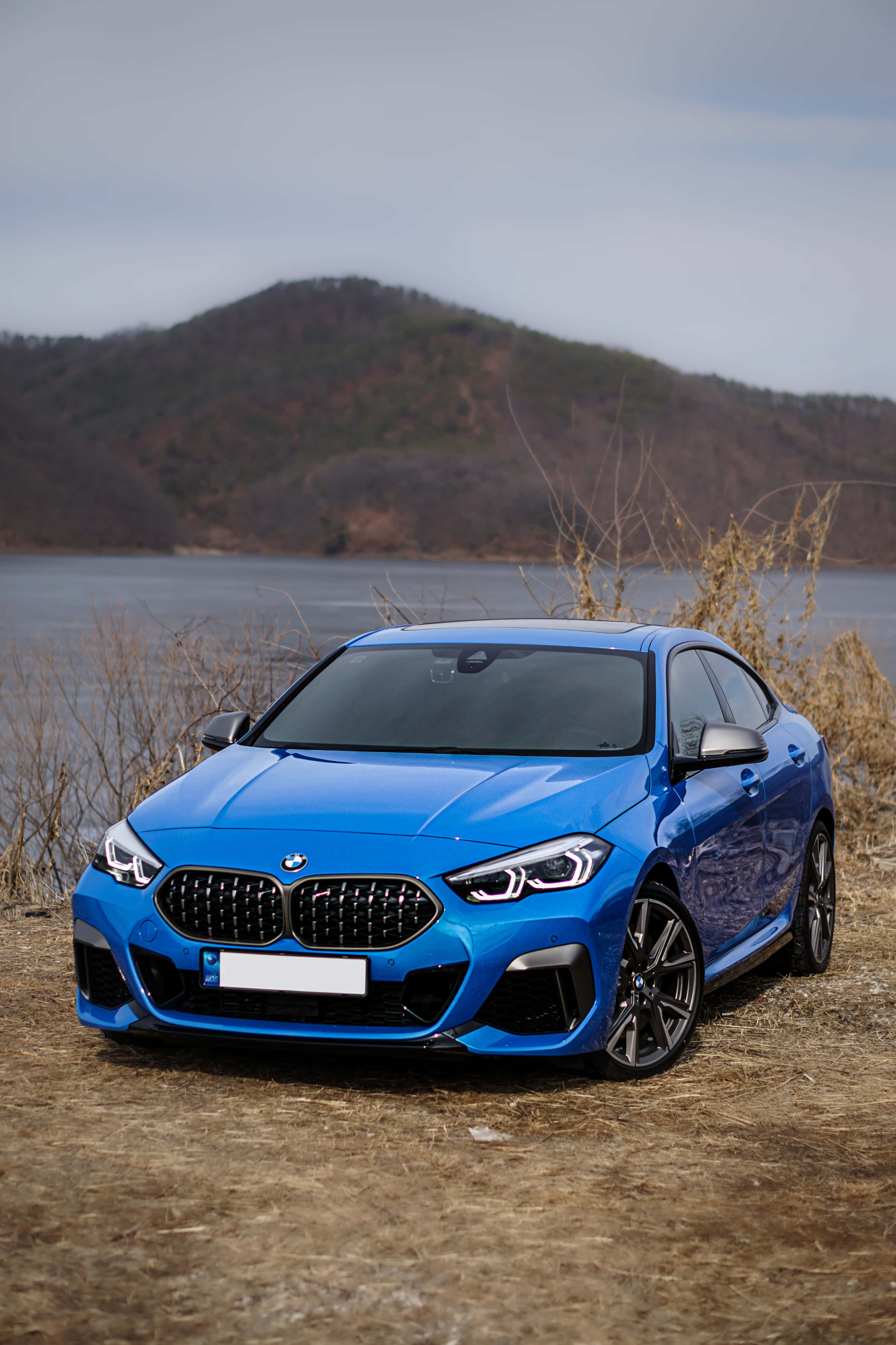 Blue Car 桌布 壁紙 — 一輛充滿活力的藍色BMW雙門跑車停泊在乾草上，旁邊是平靜的湖泊，背景有霧氣繚繞的山丘。