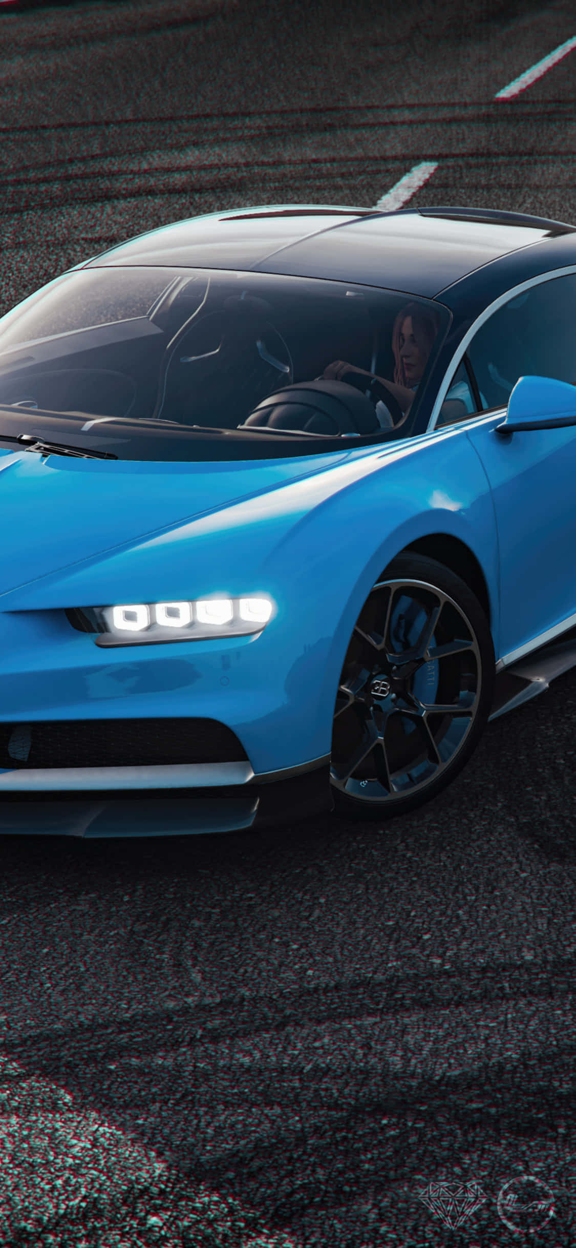 Pixel 3 Forza Horizon 4 桌布 壁紙 — 一輛充滿活力的藍色Bugatti跑車，帶有發光的頭燈，停在黑暗的瀝青賽道上，車內可見駕駛員。