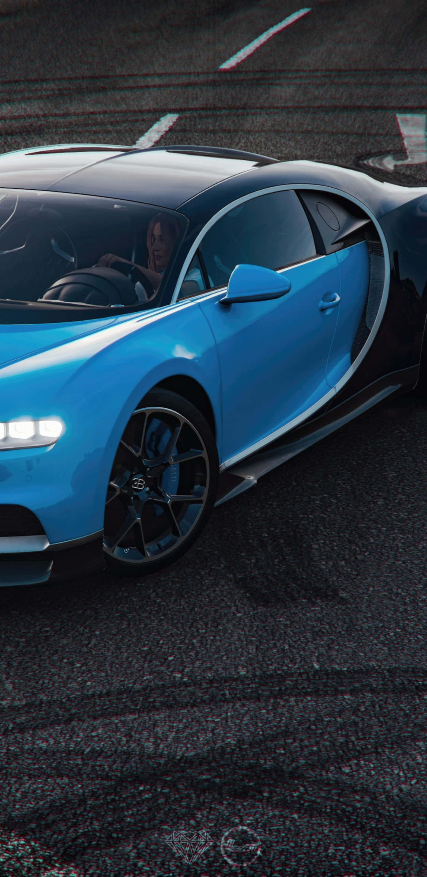 Pixel 3xl Forza Horizon 4 桌布 壁紙 — 一輛充滿活力的藍色Bugatti跑車在夜間賽道上打開車門，司機在車內可見。