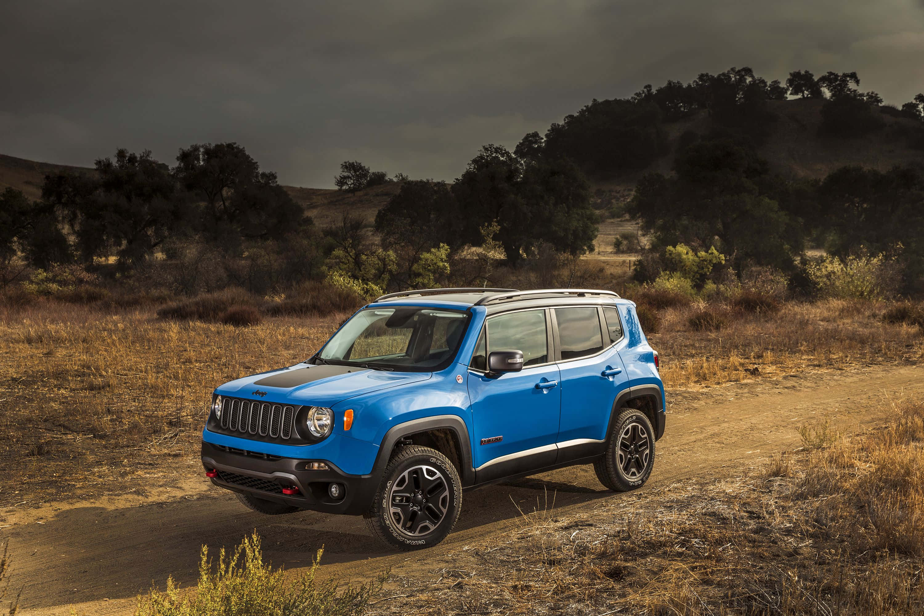 Jeep Renegade 桌布 壁紙 — 一輛充滿活力的藍色Jeep Renegade停在塵土飛揚的小徑上，天空陰沉，烏雲籠罩著乾燥的灌木叢。