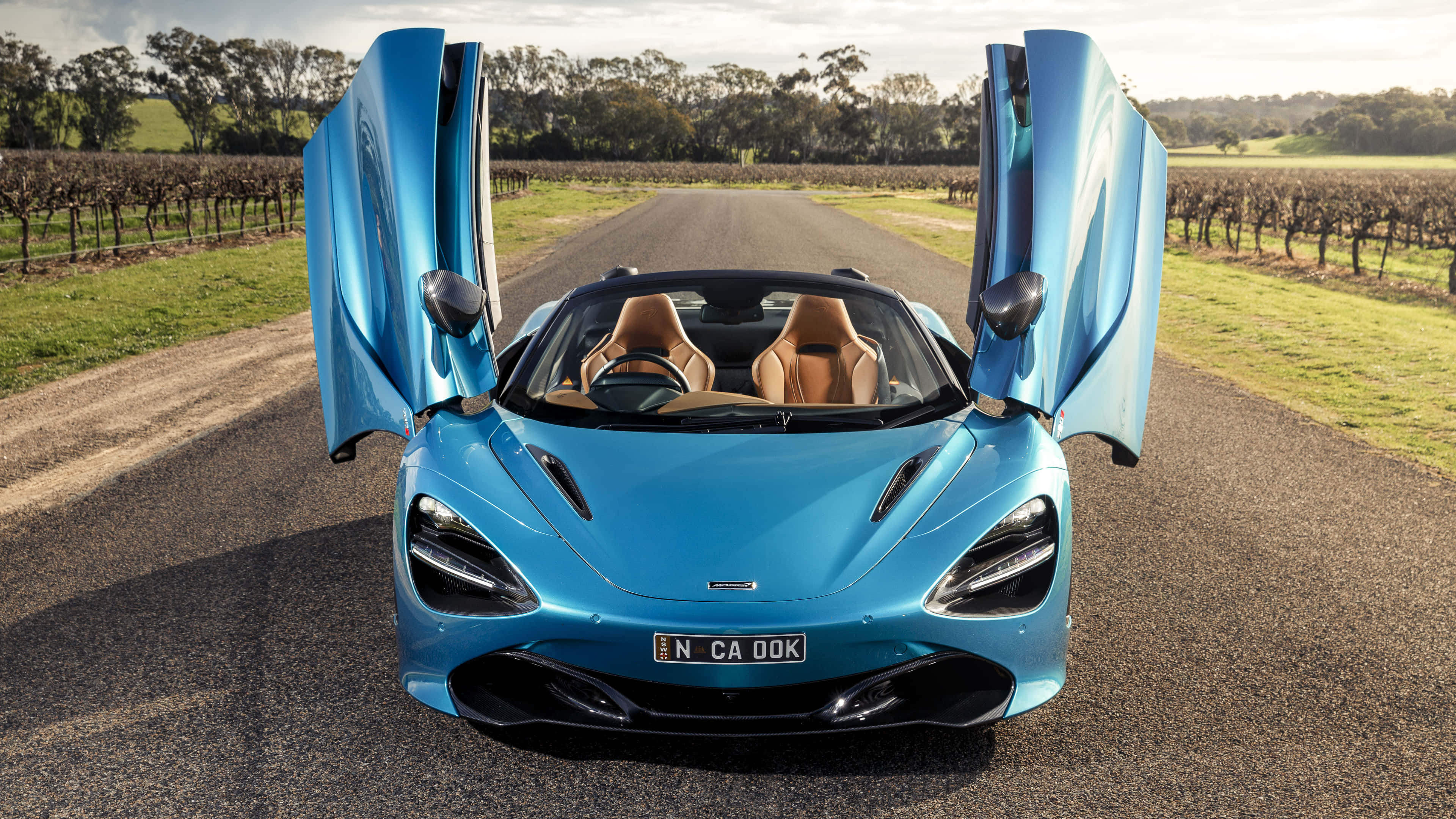 4K Mclaren 720s 桌布 壁紙 — 一輛充滿活力的藍色McLaren 720S Spider，鷗翼門打開，停在鄉村道路上，兩旁是葡萄園，天空柔和。