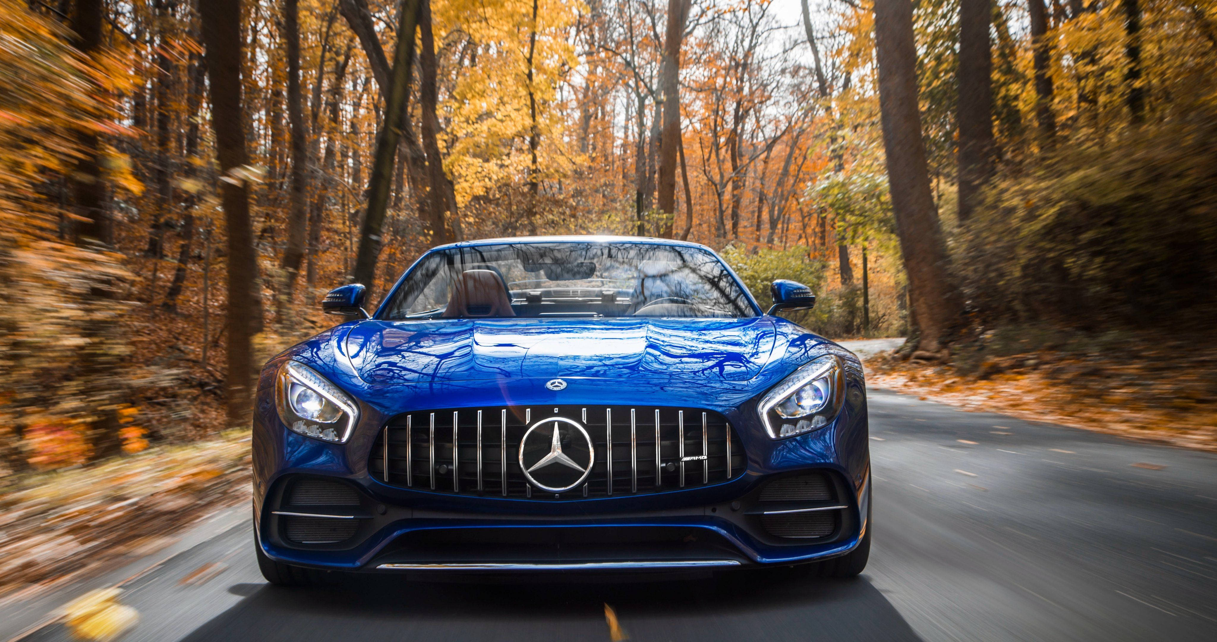 4K汽車 桌布 壁紙 — 一輛充滿活力的藍色Mercedes-AMG GT在金色秋葉飄舞的森林中疾馳。