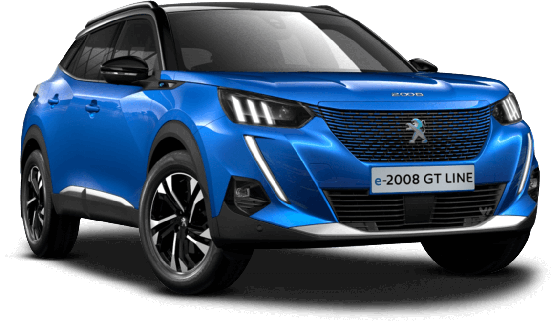 標緻 桌布 壁紙 — 一輛充滿活力的藍色Peugeot e-2008 GT Line SUV在工作室拍攝中展示，具有時尚現代設計和黑色點綴。