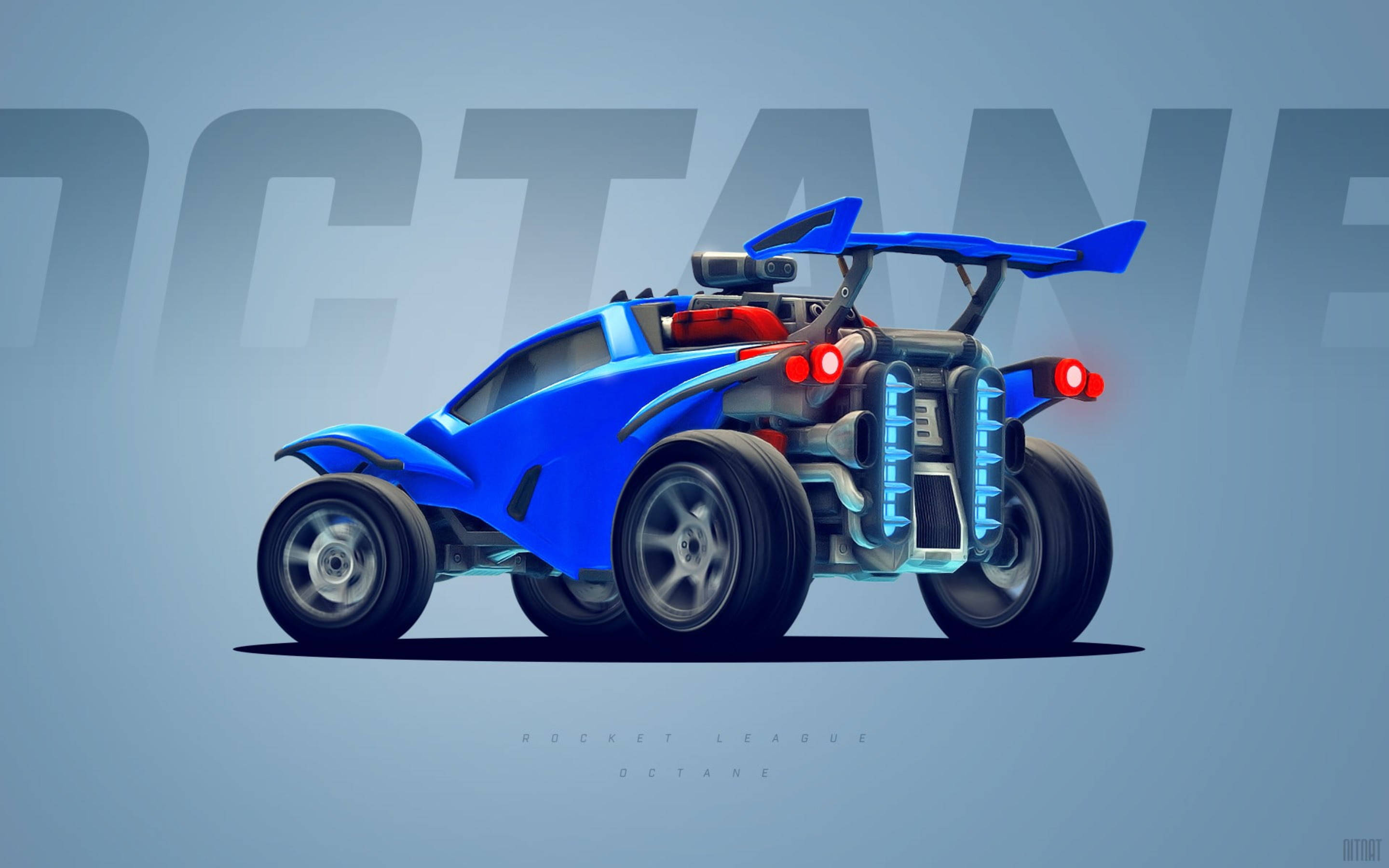 火箭聯盟 桌布 壁紙 — 一輛充滿活力的藍色Rocket League Octane賽車，帶有發光的紅色尾燈和未來主義設計，背景為簡約灰色。