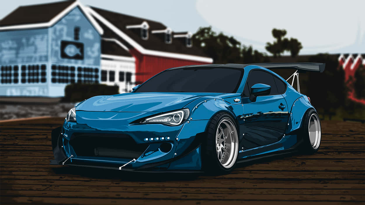 一輛藍色改裝跑車停放在穀倉附近的木製甲板上。 — Toyota Supra Mk4 壁紙