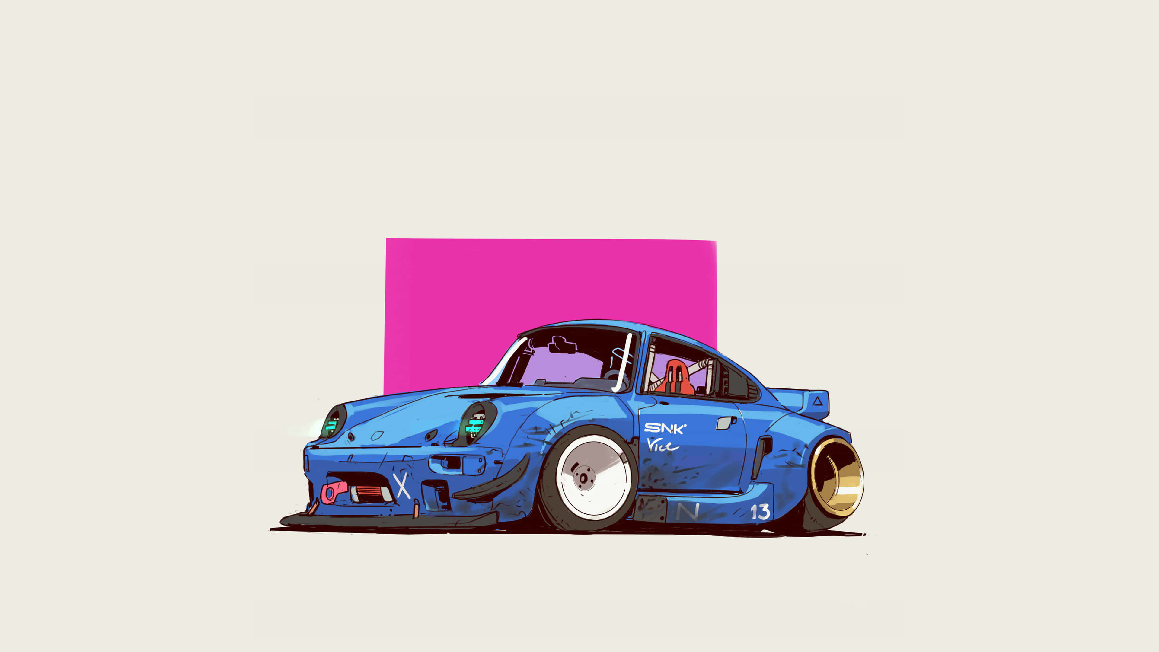 Minimalist Retro 桌布 壁紙 — 一輛充滿活力的藍色改裝跑車，配金色輪圈和粉紅色背景，以風格化數位藝術呈現。