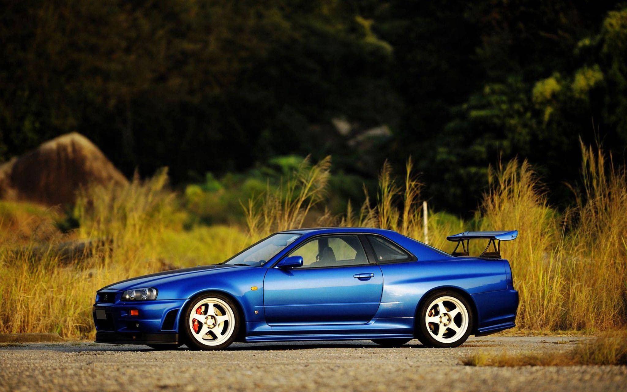Gtr 桌布 壁紙 — 一輛充滿活力的藍色日產Skyline GT-R停泊在碎石上，旁邊是高高的金色草叢，沐浴在溫暖的陽光下。